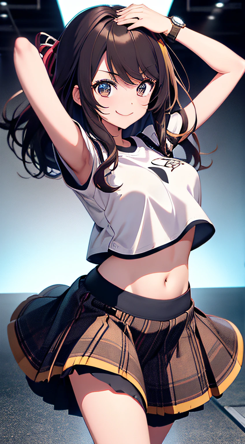 (score_9,score_8_up,score_7_up), masterpiece, best quality,
newest, recent, perfect anatomy,
official art, best perspective, depth of field,,
very aesthetic, illustration,arms up,side pose,,,(upperbody) ,Solo,1girl, tifa lockhart, final fantasy,black hair, low-tied long hair, red eyes, bangs, (white tank top,gap),(High exposure,Belly exposure,the ribs),(belt, pleated skirt, thighhighs, elbow fingerless gloves, elbow pads, midriff, navel,suspenders.skirt),beautiful waist ,(large_breast:1.3),light smile,,,outdoor,star sky,night,