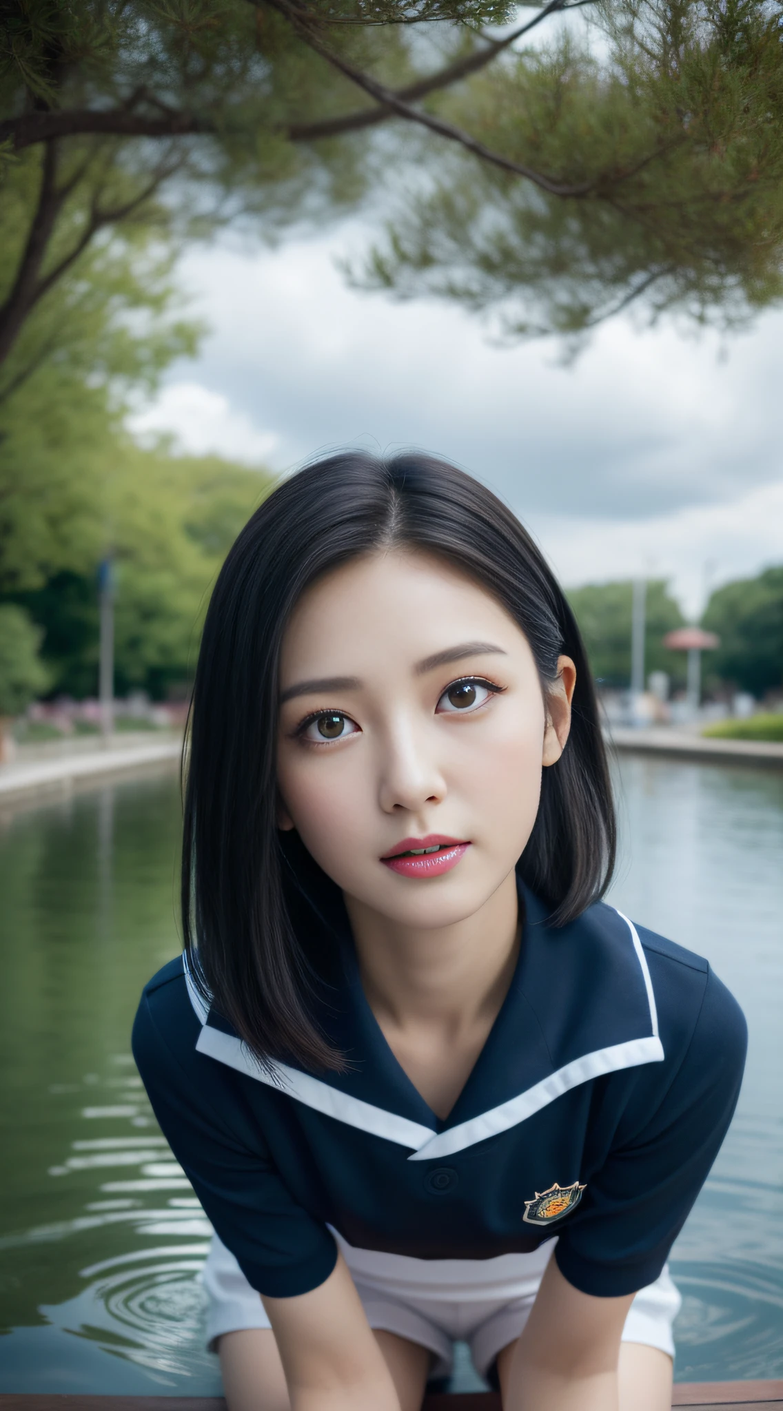 1female，45 yers old，Married Woman，熟妇，plumw，extremely large bosom， 独奏，（Background with：ponds，Cherry blossom forest，lotus flower）Lie on your back under water， She has short black hair，seen from the front，， mostly cloudy sky，（（（tmasterpiece），（Very detailed CG unity 8K wallpaper），best qualtiy，cinmatic lighting，detailed back ground，beatiful detailed eyes，Bright pupils，Black eyes，Snow-whiteskin，Redlip（Very fine and beautiful），（Beautiful and detailed eye description），ultra - detailed，tmasterpiece，））facing at camera，A high resolution，ultra - detailed），revealing breasts，Bare genitalia，  Bulge，legs are open，Raised sexy，Camel toes，Desire for dissatisfaction，frontage，Navy，elementary student，（Wearing：see-through school uniform，Transparent sailor uniform，Bare ，）