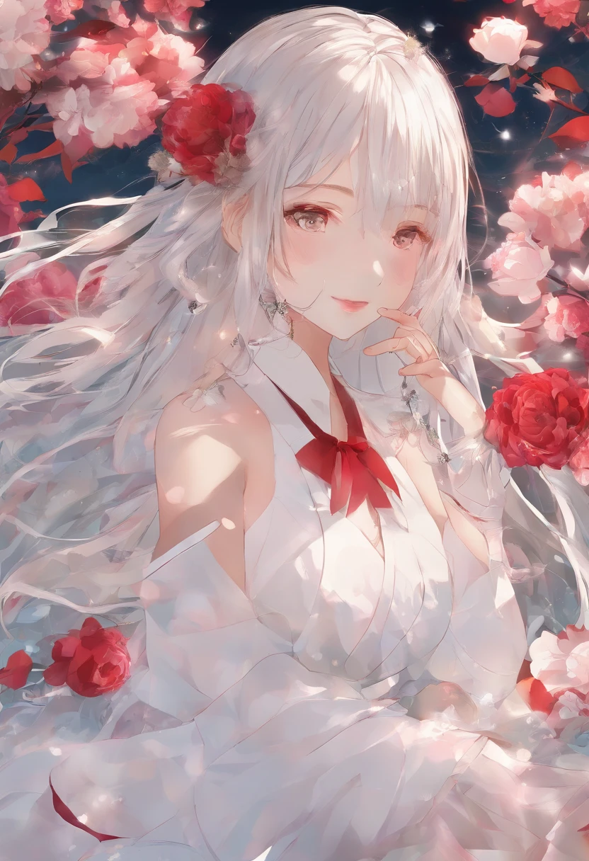Two black and white desires surround,In front of a beautiful woman whose eyes are covered by blindfolds,Flowers dance around the ball,Artistically,anime big breast,Glamorous