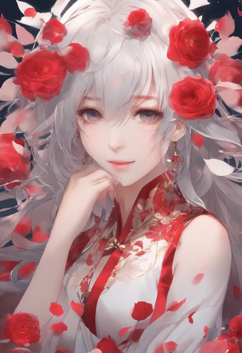 Background with：wide field，Wide rose fields，rose flower）Lie down in many roses， She has long red rose hair，seen from the front，， mostly blue cloudy sky，（（（tmasterpiece），（Very detailed CG unity 8K wallpaper），best qualtiy，cinmatic lighting，detailed back ground，beatiful detailed eyes，Bright pupils，Black eyes，Snow-whiteskin，Redlip（Very fine and beautiful），（Beautiful and detailed eye description），ultra - detailed，tmasterpiece，））facing at camera，A high resolution，ultra - detailed），revealing breasts，Huge Breasts, Bare genitalia，  Bulge，legs are open，Raised sexy，Camel toes，Desire for dissatisfaction，frontage，（Wearing：Sheer slip dress。Bare ）