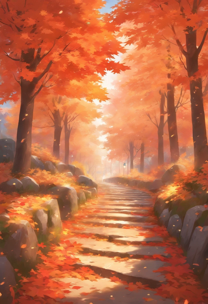 late autumn，maple leaves，stone pathway，Frost，falling leaf，Scenic beauty，