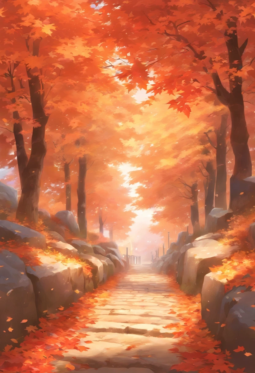 late autumn，maple leaves，stone pathway，Frost，falling leaf，Scenic beauty，