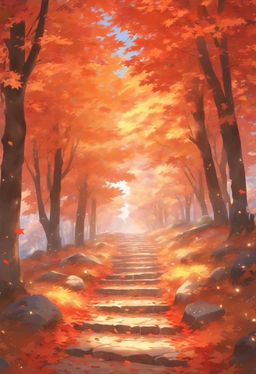 late autumn，maple leaves，stone pathway，Frost，falling leaf，Scenic beauty，
