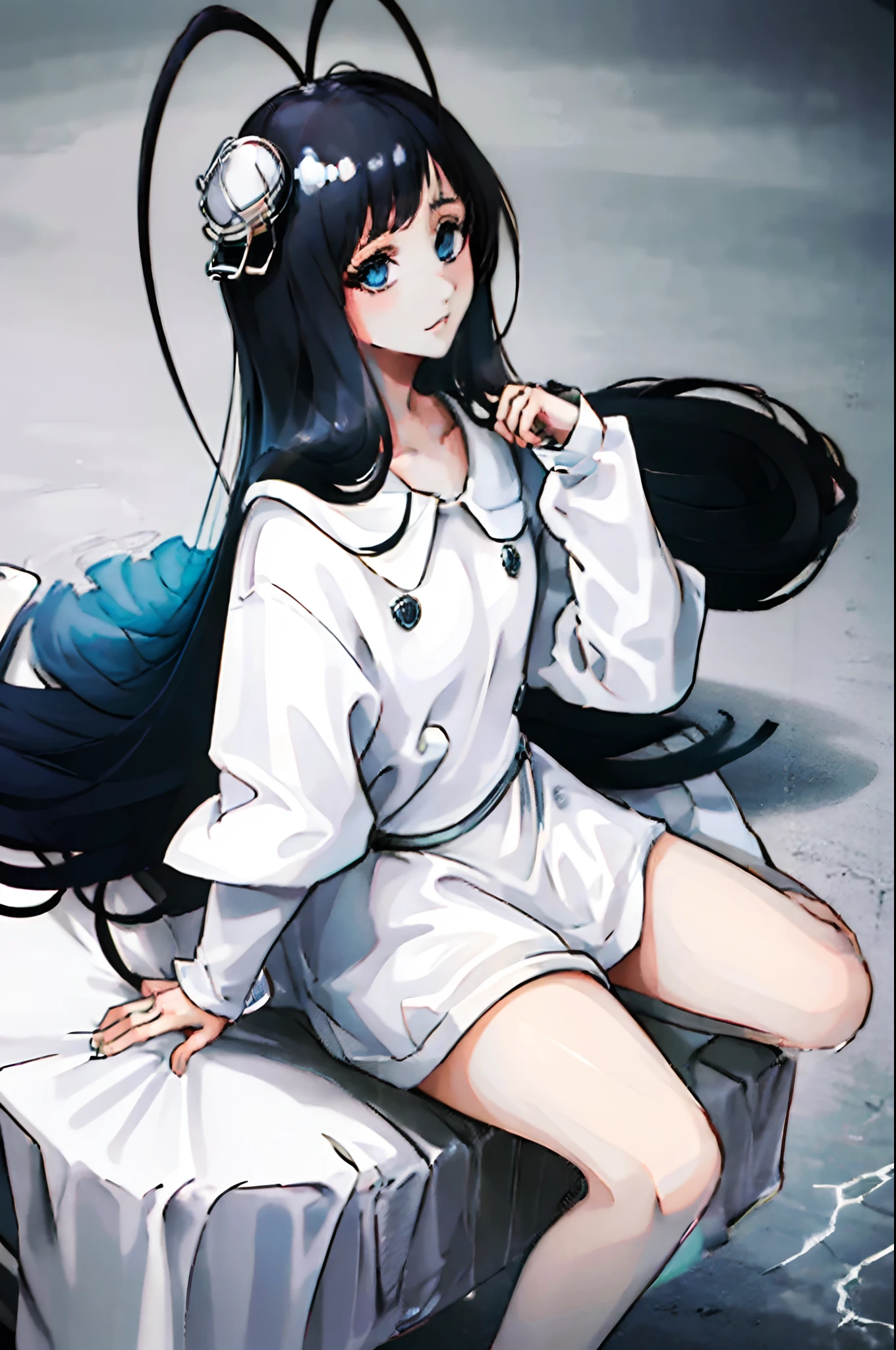 masterpiece, highly detailed, Best quality,(GiselleGewelle:1.3), ultra high res,1boy, Dress, sitting (white_shirt, blue_eyes, long_hair:1.2),solo