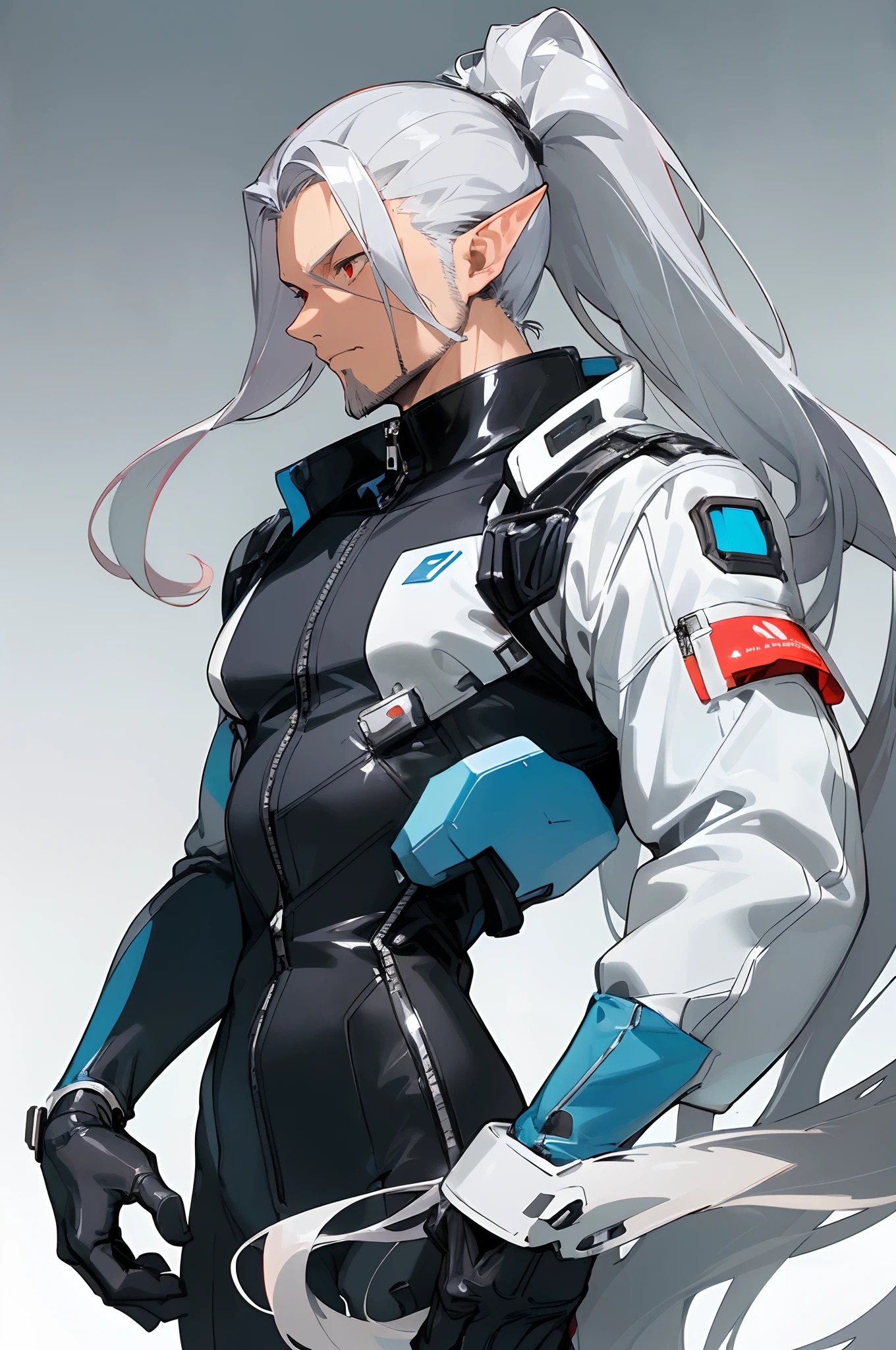 (masterpiece, best quality) detailed, 1Character , blue archive art style , wearing Black bodysuit, white accents , zip up , futuristic, shiny , Handsome man, ((gray stubble :1.1)) , red eyes , elf ears , extremely long hair , ((silver hair)) , hair in a ponytail, lean , muscular ,((male:2 )), age 41,

 , pastel washed out colors , cell shade ,