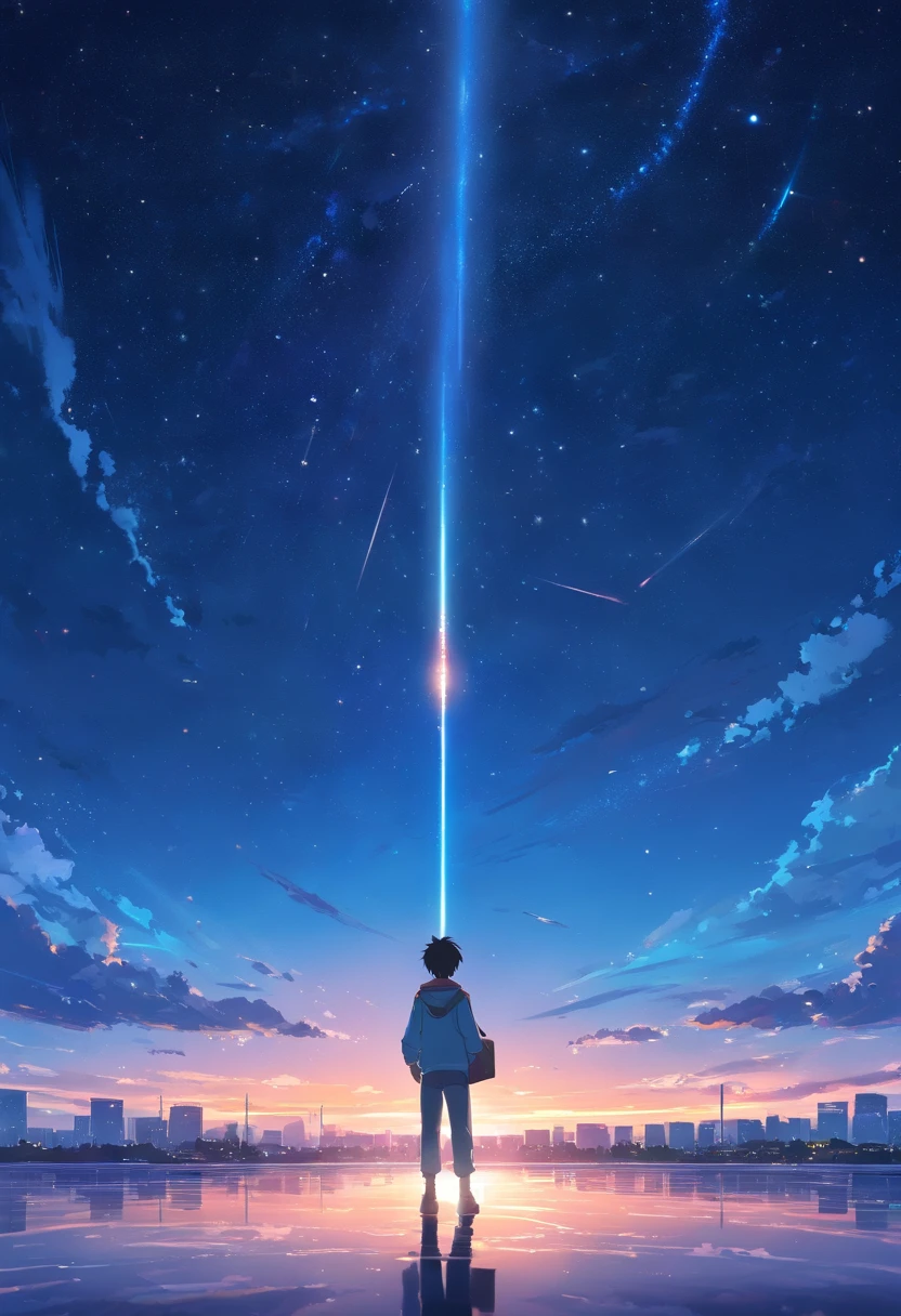 A man stands on a jet at night looking at the stars，A meteor flew by，Very complex starry sky landscape，Beautiful and romantic，galactic，Beautiful and fantastic scenery、cinematic scenery、high high quality，High- sharpness，style of surrealism，cyber punk perssonage