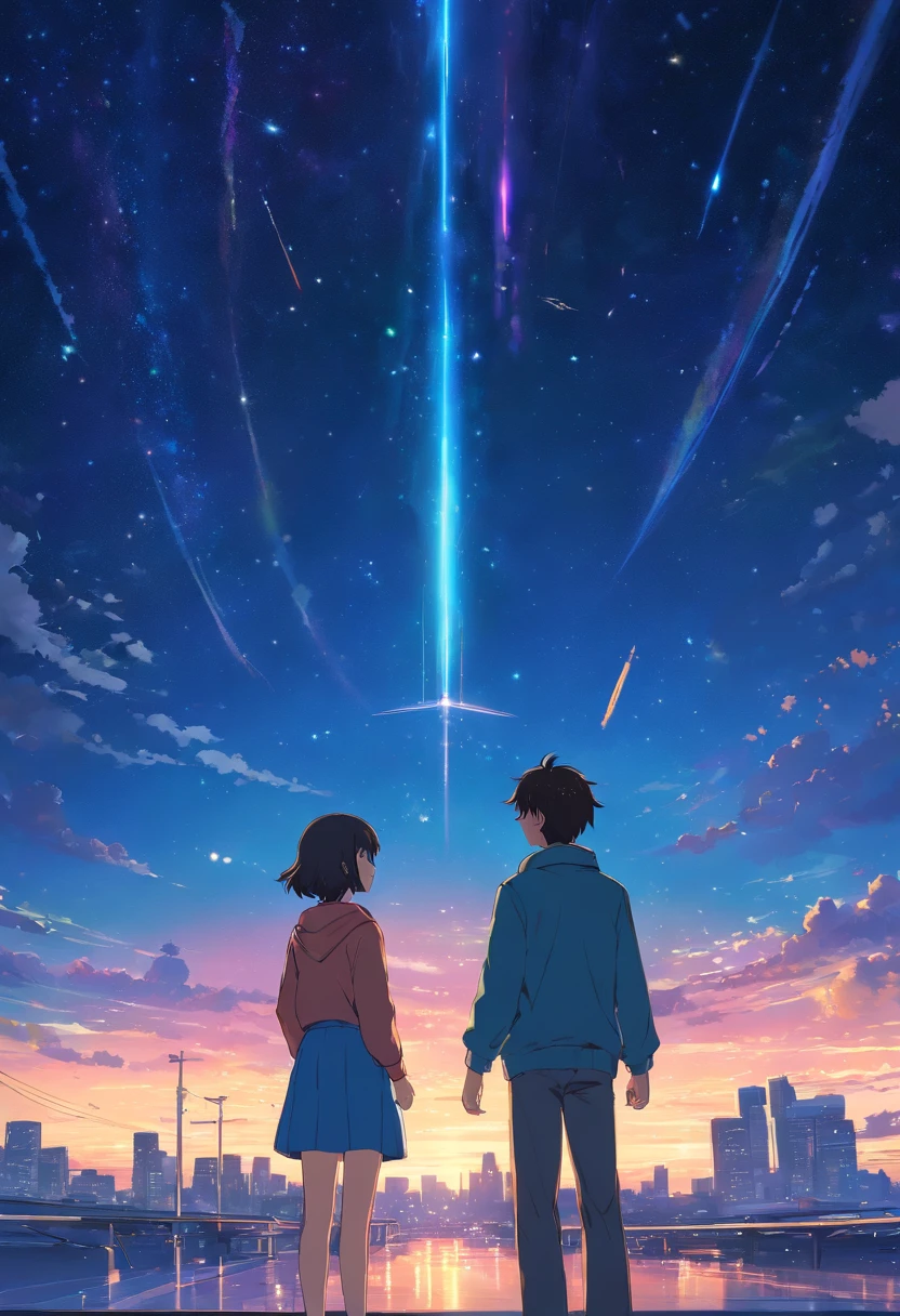 A man stands on a jet at night looking at the stars,A meteor flew by,Very complex starry sky landscape,Beautiful and romantic,galactic,Beautiful and fantastic scenery、cinematic scenery、high high quality,High- sharpness,style of surrealism,cyber punk perssonage