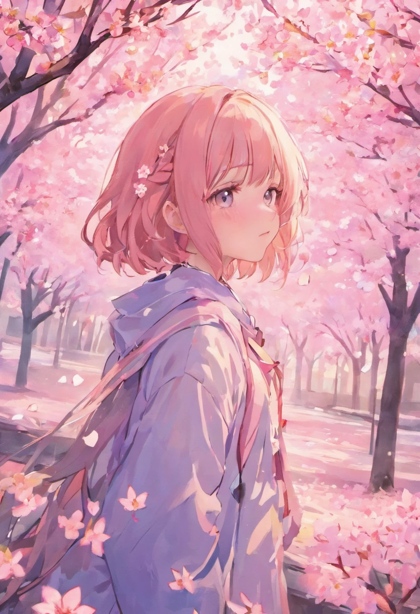 Cherry blossoms fall in the background,The girl's melancholy face,The hair color is white,A full face,The clothes are talking blue,The subject of the painting is a mysterious girl with cherry blossoms falling。,perfectly proportions,Beautiful body proportions,Full body face design,orthofacial,A full face