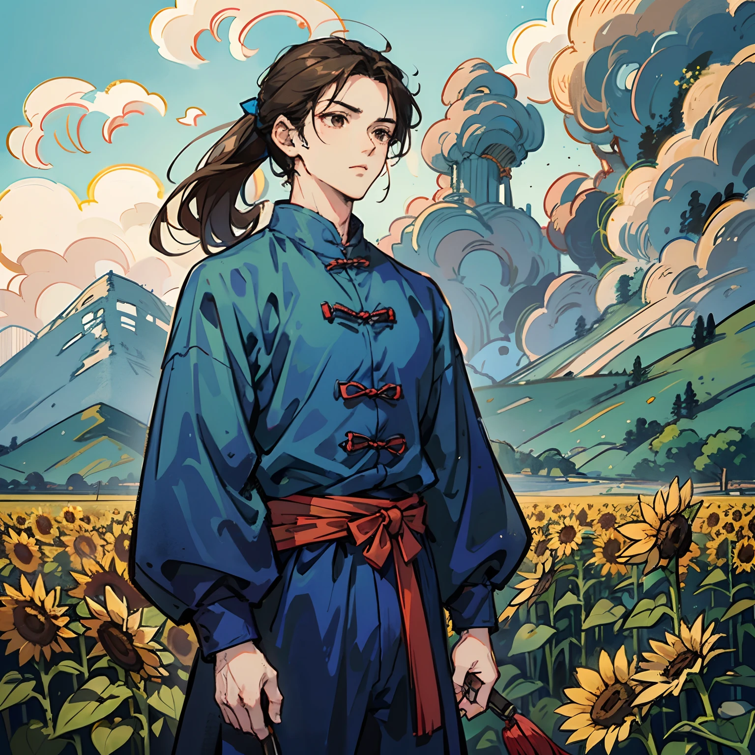 Masterpiece, Excellent, Daytime, 1 Man, Chinese Style, Ancient China, sunflower field, Eagle, Brown Hair, brown Eyes, Split Hair, Long Hair, Long Bangs, High Ponytail, Handsome, muscular, Tall, Quiet, simple Clothes, blue Clothes, blue-black Clothes, farmer, sickle, Looking Down