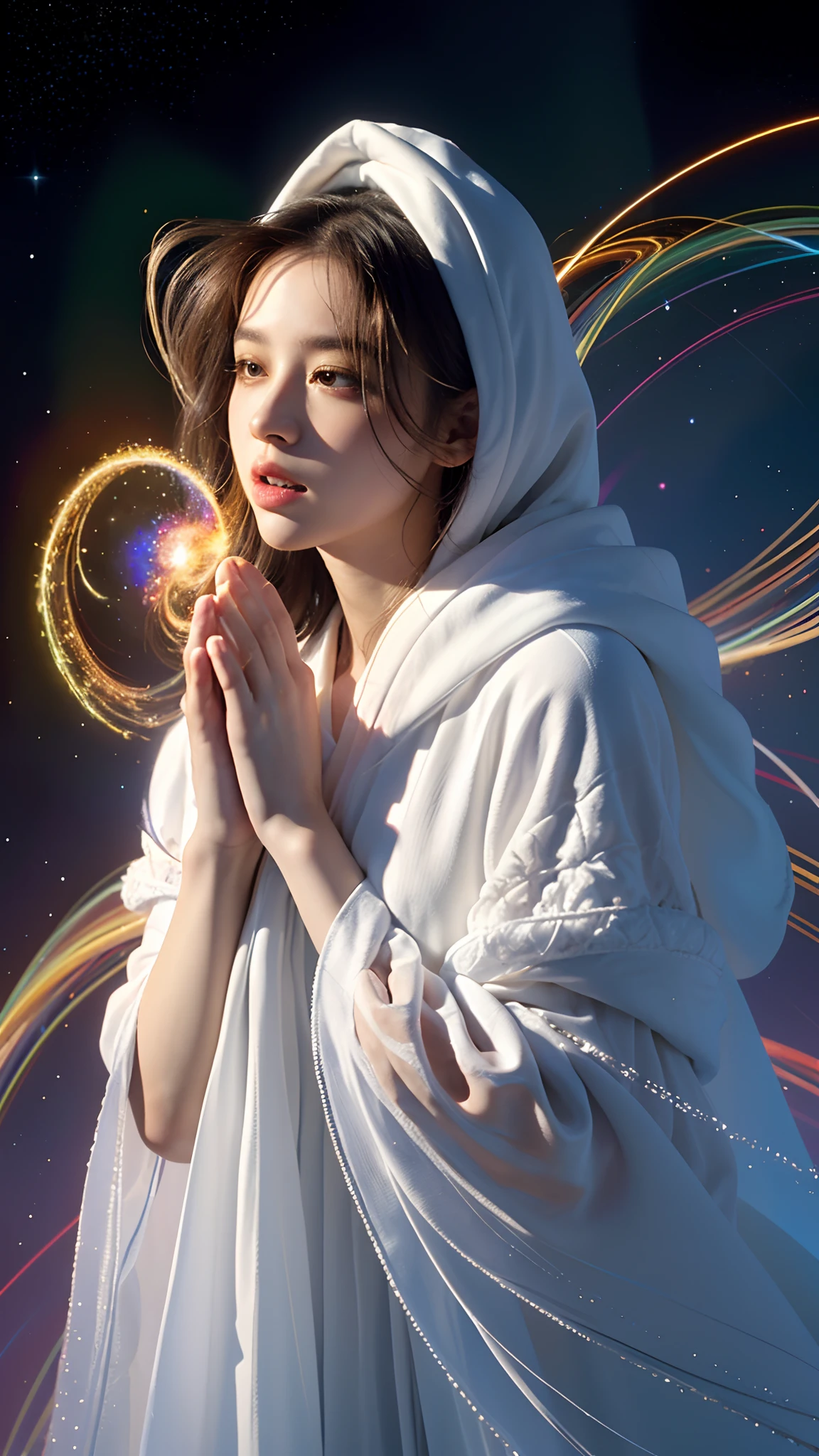 (masterpiece, top quality, best quality, official art, beautiful and aesthetic:1.2), (1girl), extreme detailed, (fractal art:1.3), colorful, highest detailed, perfect face, upper body, HDR, (praying:1.3), (white cloak golden lines:1.2), galaxy, (light streaks), striking visuals, (dynamic streaks, luminous trails:1.2), vibrant colors,