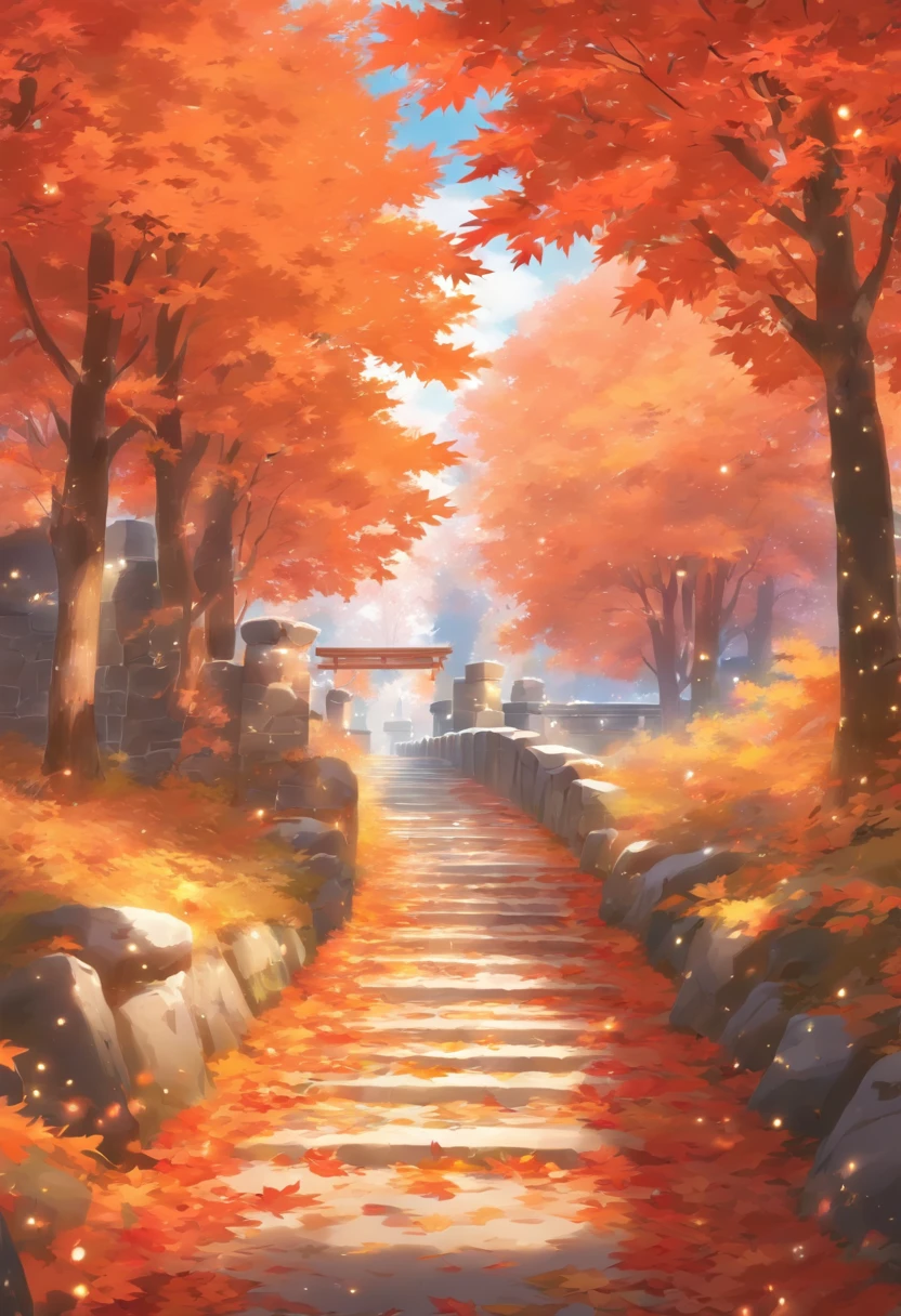 Late autumn,Maple leaves,stone pathway,Frost,falling leaf,Scenic beauty,