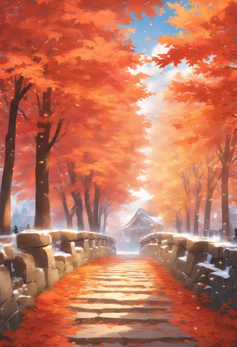 Late autumn,Maple leaves,stone pathway,Frost,falling leaf,Scenic beauty,