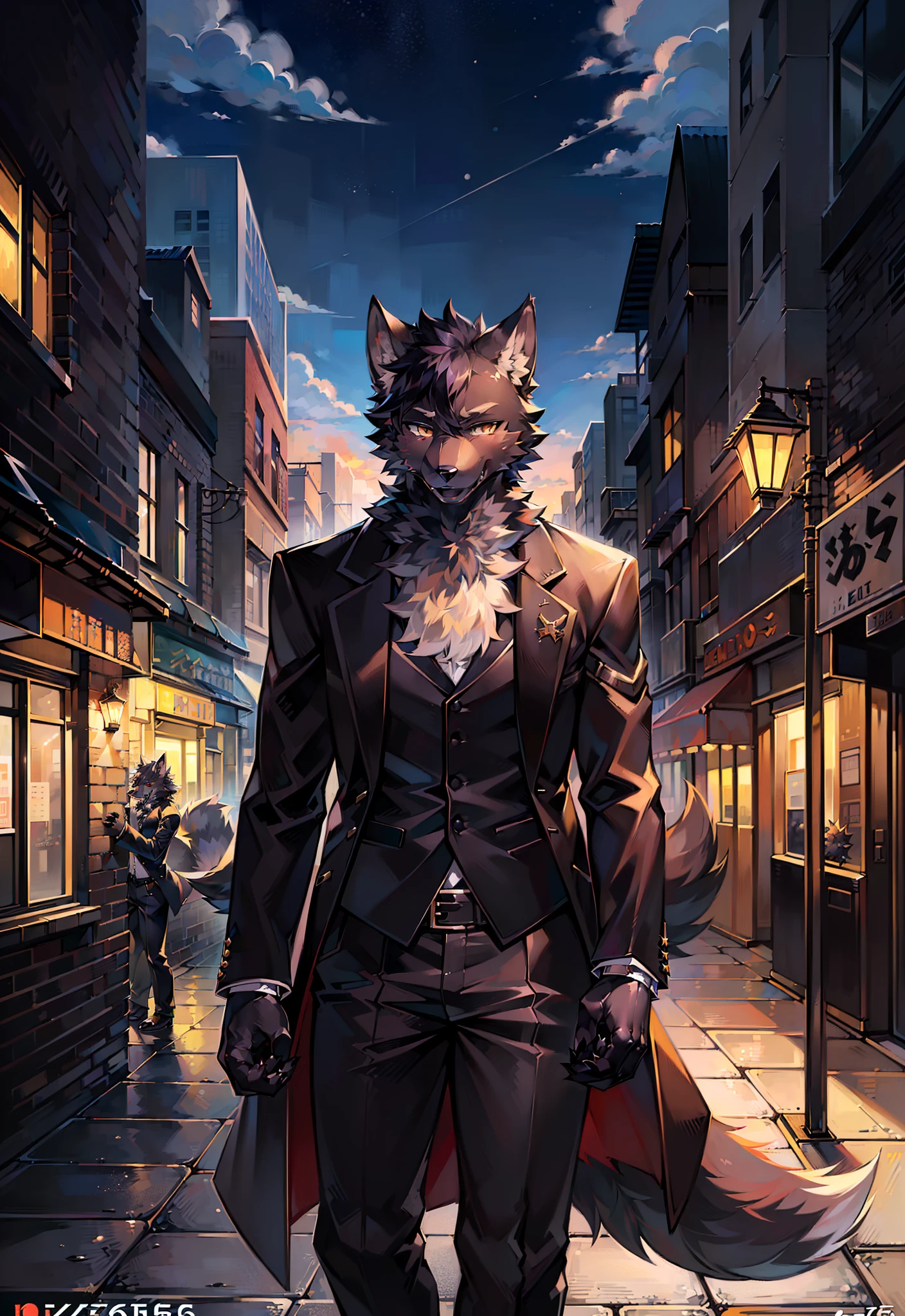 (furry art, uploaded on e621:1.4), (masutepiece:1.3), (Best Quality:1.2),(2D:1.0), (Anime:1.0), (Illustration:1.0), (sharp:1.2), (light_environment), (city), (Clear, shiny:0.8), (Impasto:1.1), (Ultra-detailed:1.0) (1boy, Solo), Black, (anthro furry:1.6), (anthro_Man's_wolf:1.2), (Black fur:1.6), tailcoat, Long pants