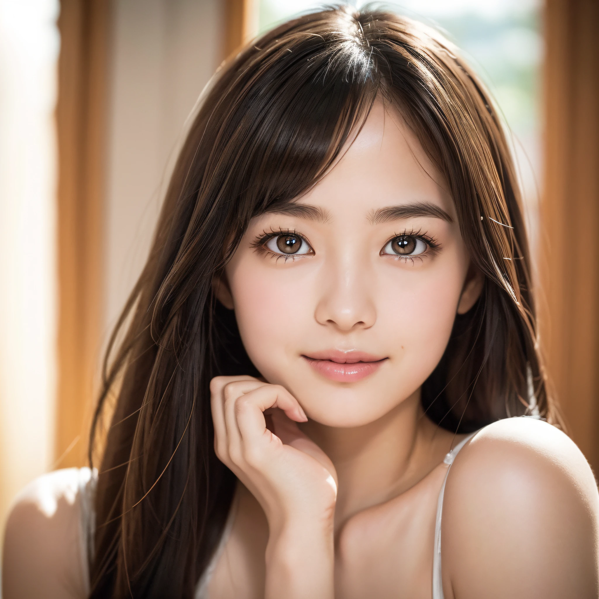 Highly detailed CG Unity 32k wallpaper, Realistic , photographrealistic , Raw photo , high-definition RAW color photography , professional photograpy , Best Quality , 超A high resolution , ultra-detailliert , official photo . Break sharp focus , detailed shadow , Soft lighting , Bokeh , bloom , Light from the front , Cinematic lighting , Light on Face , Beautiful lighting , Retro environment , Camera Flash , a polaroid photo , lo fi , Graded Tone , Film grain . adorable girl , kind , grateful , Seductive smile , Natural makeup , Beautiful eyes , Big eyes , Natural eyes . Thin eyebrows . Breaking small breasts . slim . Short stature . Beautiful skin . gleaming skin . Smooth skin . Natural Skin . Break POV . ((close up)) . (Beautiful face) .1a person、 Half body shot,extremely detailed cute girl,(20yr old)、
