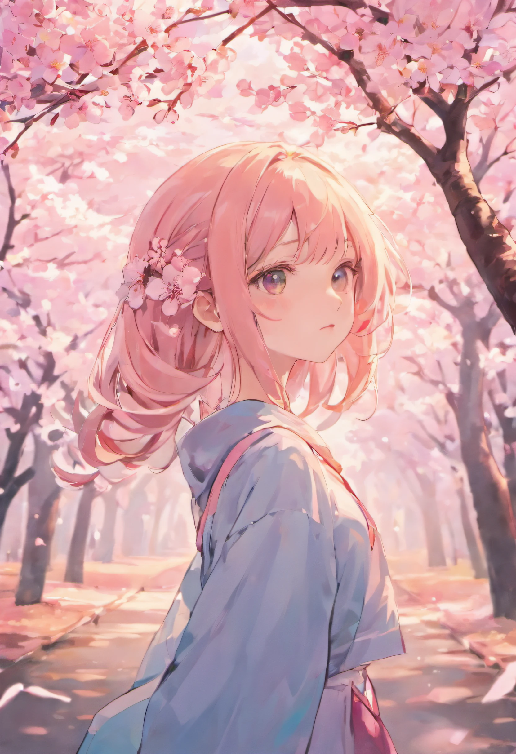 Cherry blossoms fall in the background,The girl's melancholy face,Hair color is white,A full face,The clothes are blue,The subject of the painting is a mysterious girl with falling cherry blossoms。,perfectly proportions,Beautiful body proportions,Full body facial design,orthofacial,A full face