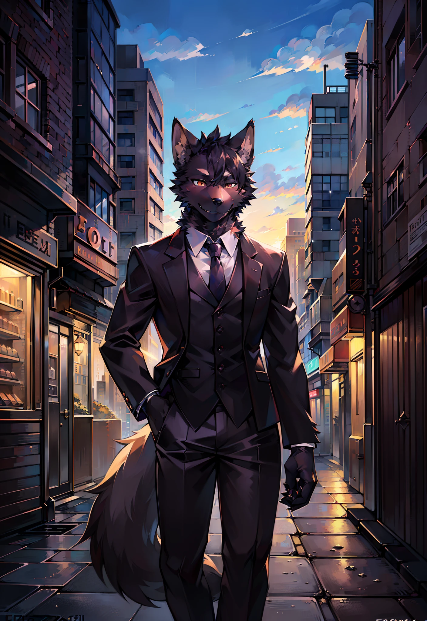 (furry art, uploaded on e621:1.4), (masutepiece:1.3), (Best Quality:1.2),(2D:1.0), (Anime:1.0), (Illustration:1.0), (sharp:1.2), (light_environment), (city), (Clear, shiny:0.8), (Impasto:1.1), (Ultra-detailed:1.0) (1boy, Solo), Black, (anthro furry:1.6), (anthro_Man's_wolf:1.2), (Black fur:1.6), tailcoat, Long pants