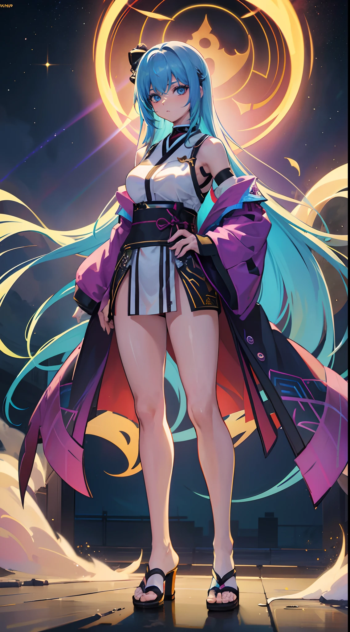 Long rainbow-colored hair,(fully body photo), Full body character design,Smooth skin,Solo, 1 girl,standing on your feet,Night moon fluorescence,fine art photography,(Movie Angle: 1.2),,(1 girl,Ninja costume),(Best quality, Detailed details, Masterpiece, offcial art, movie light effect, 16k)Crystal heels