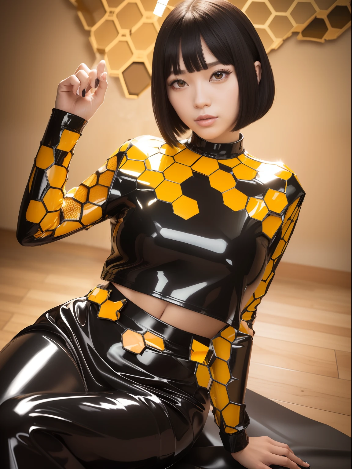 masutepiece,A hyper-realistic,32K,the Extremely Detailed CG Unity 8K Wallpapers, Best Quality,1 Beautiful Japan Woman,Dark heroine,Red Latex Ranger Suit,Rainbow Kunoichi Suit,Skin fit,((Honeycomb design:1.3)),(((Latex Slit Skirt:1.1))),Bee eye helmet,Latex Over Knee Boots,Full body,Street,(Film grain:1.2), (Film Overlay:1.3), Night,Smile,Bob Cut Hair,