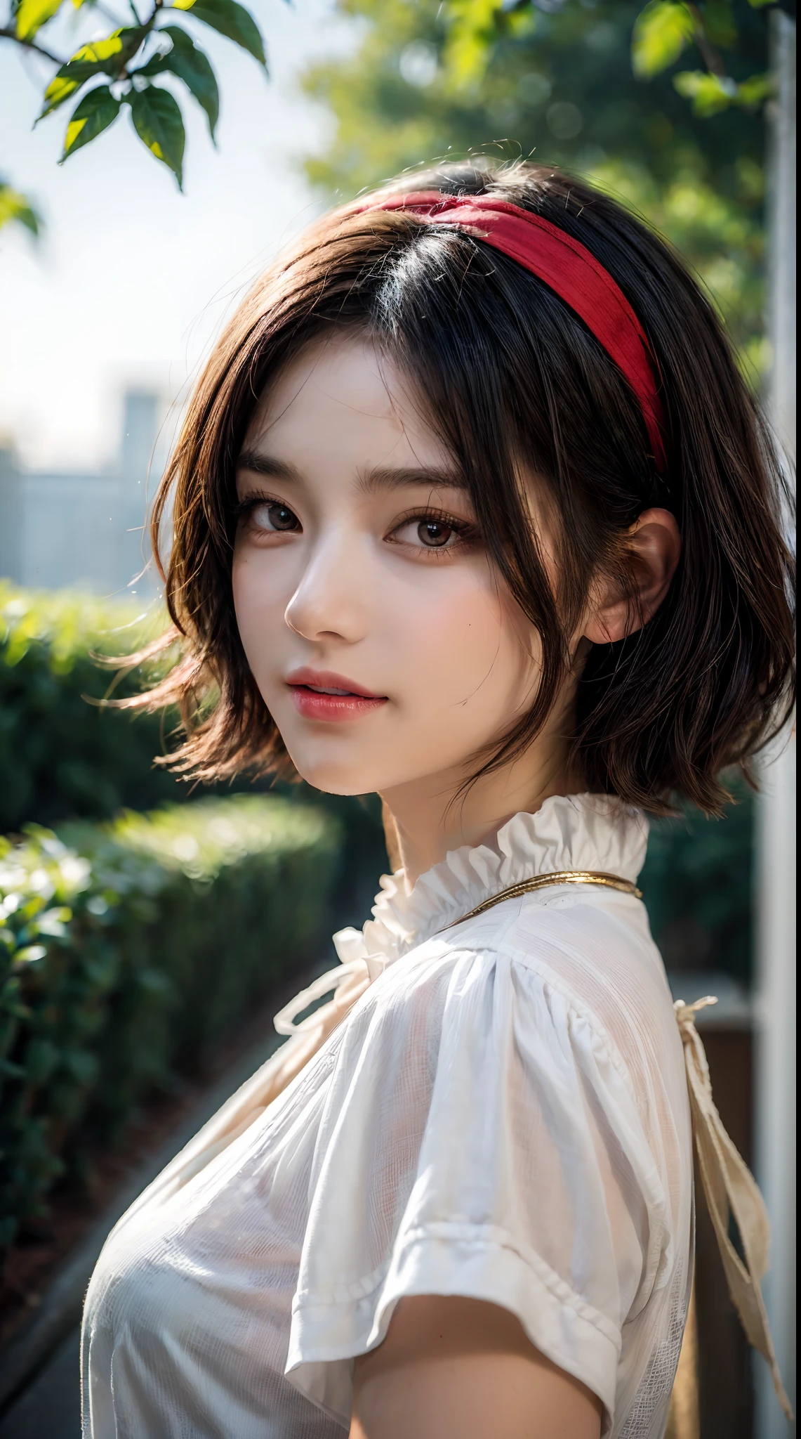 (masterpiece:1.3), (8k, photorealistic, RAW photo, best quality: 1.4), (1girl), beautiful face, (realistic face), (black hair, short hair:1.3), beautiful hairstyle, realistic eyes, beautiful detailed eyes, (realistic skin), beautiful skin, (red hairband, white blouse), outdoor, smile, absurdres, attractive, ultra high res, ultra realistic, highly detailed, golden ratio