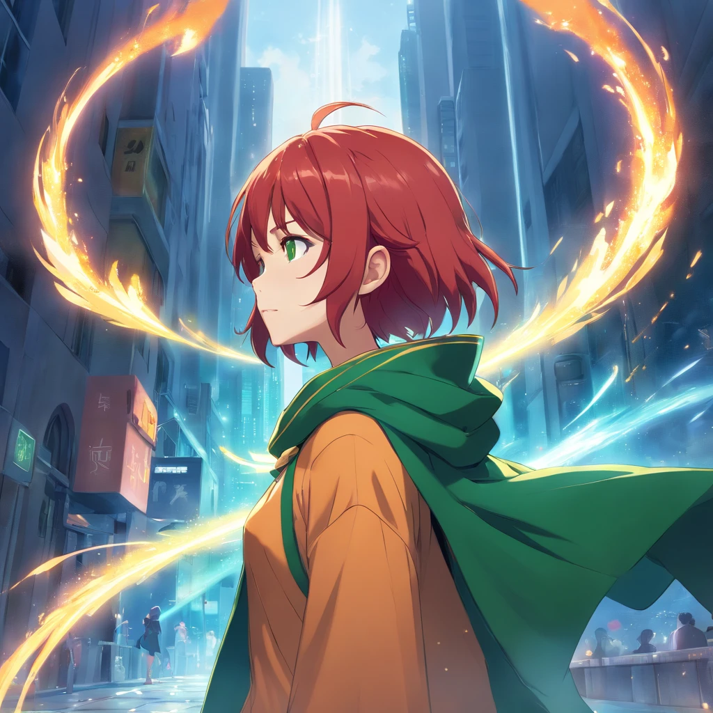 a person with red hair and a green cloak, von Yang J, Gewinner des pixiv-Wettbewerbs, Fantasy-Kunst, shrouded in flames, Der Magier, mit lockigem rotem Haar, Discord-Profilbild, An epic portrait of the Sandman, Artbook-Kunstwerk, Whimsical King of the Fairies ( Mit langen, Gauner, Ross Tran 8 K, Kartenkunst, Der Smaragd-Herold, ultra realistic