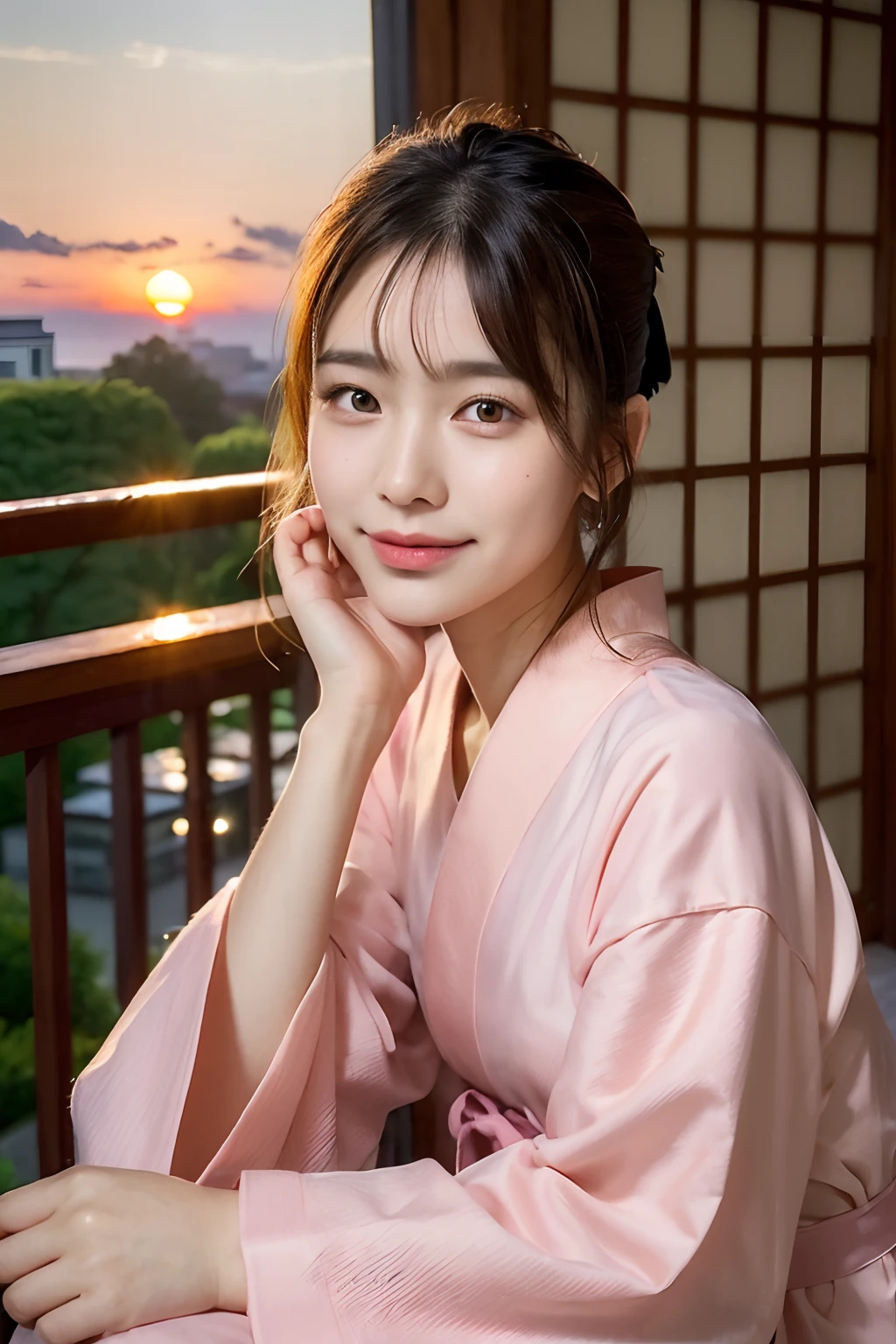 (natta:1.7), East Asian Architecture, 1womanl,Sitting on tatami mats, brunette color hair,(hair between eye), Lip flap, ,Beautiful fingers,Beautiful long legs,Beauty Body,Cute nose,Beautiful character design,perfect eyes,face perfect,looking at viewert,(Smile:0.3),offcial art,Very detailed CG Unity 8K wallpaper,Perfect litthing, 超A high resolution, nffsw, hight resolution, the background is blurred, Bokeh:1.2, (Beautiful_Face:1.5),(8K,Raw photo, 、Relax at a ryokan in Japan、The background is the open-air bath at night at a hot spring inn (Girls are not subjects:1.3) (Hair after a bath:1.3),(Hair is wet:1.3) ((Girls are not subjects:1.2))((Draw a wide night background:1.2),,(Yukata does not need gloss at all:1.5)),((No need for a Korean yukata or Korean-style hairstyle.:1.5)),((Faithfully and realistically reproduce a pure Japan yukata:1.5))((Light Pink Band:1.3)),((The background is the entrance living room、At night, Overlooking the inn's large and beautiful gardens..:1.3)),((8th class))、((Light Pink Band:1.5)) ((Beautiful shiny straight short long:1.5)) 、((Beautiful shiny straight short long:1.5))((Pink Band))、((The color of the yukata is pink:1.3),(Faithfully and realistically reproduce the obi of a yukata:1.3) ((Faithfully and realistically reproduce a pure Japan yukata:1.5)),a sense of depth、Night Hostel (You can see a beautiful sunset outside.:1.3) sixteen years old、