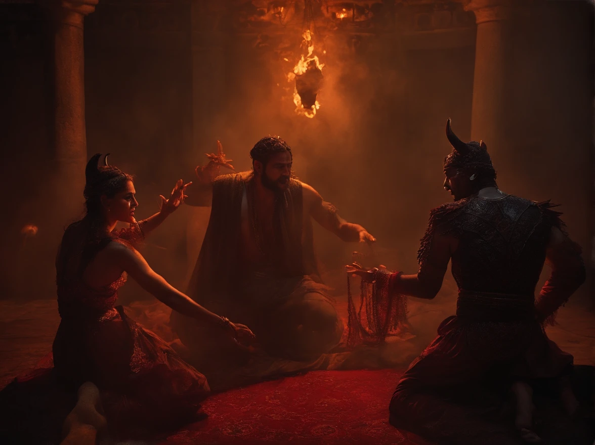Make images of people committing various actions that are considered sinful in a dark setting, with demons chaining people.
