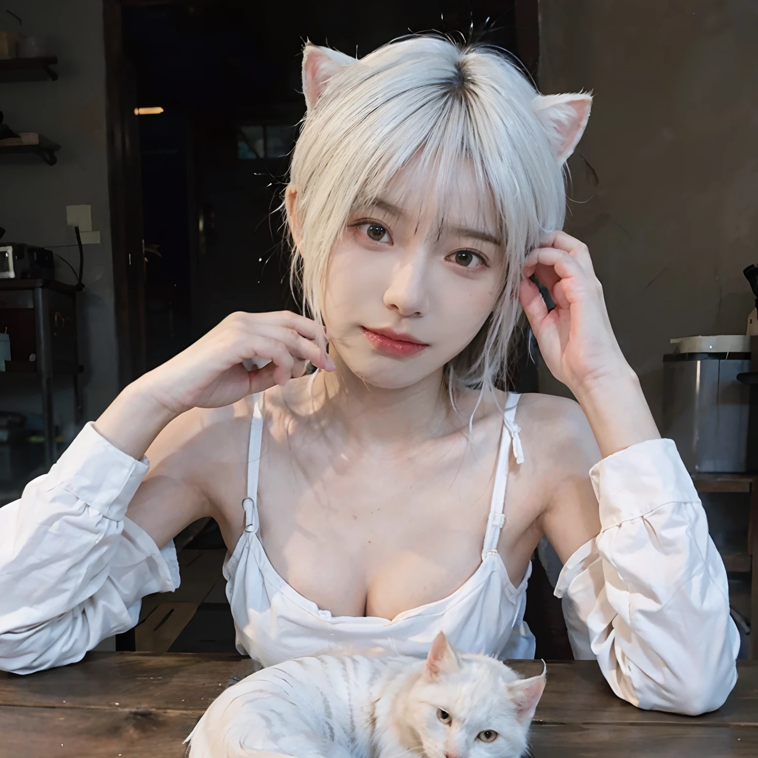 8K、(Sexy poses collection)、((in one's underwear only))、(((White hair color))) 、undersized head、Best Quality, masutepiece, 超A high resolution, (Realism: 1.4), Original photo, (True skin texture: 1.3), (Film grain: 1.3), Beautiful eyes and face details, masutepiece, Best Quality, Full body、short-cut、18year old、White cat ears