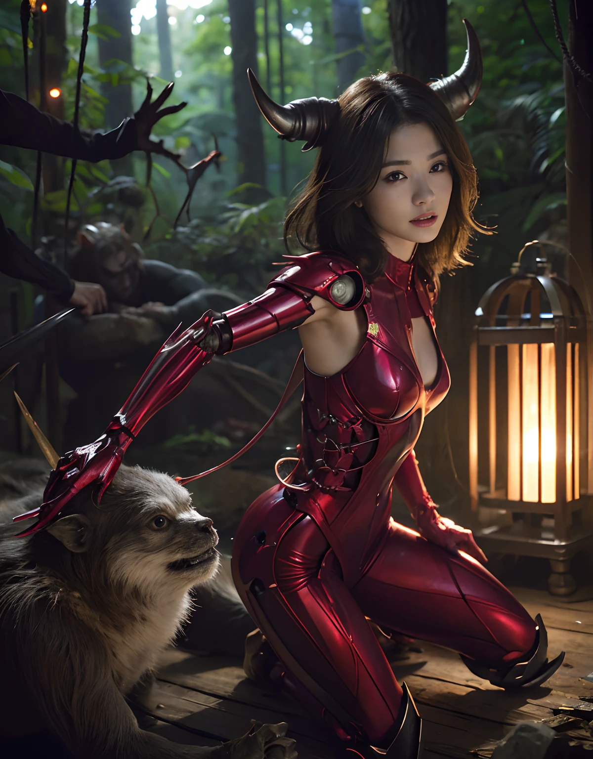 (1 Mechanical Girl)、top-quality、​masterpiece、超A high resolution、(Photorealsitic:1.4)、Raw photo、1人、Fight mutants、glowy skin、(((1 Mechanical Girl)))、With a beautiful knife、（Yellow Metal Bodysuit）、(Kobold、ogre、Fierce battle with orcs),（Fight fiercely against aliens）、Fight fiercely、(beautiful forest background)、(Fighting Demonic Beasts)、(Small LED)、((super realistic details))、portlate、(Strong giant demon beast background),globalillumination、Shadow、octan render、8K、ultrasharp、Colossal tits、Raw skin is exposed in cleavage、metals、Details of complex ornaments、Japan details、highly intricate detail、Realistic light、(Mystical expression),CGSoation Trends、Red Eyes、radiant eyes、Facing the camera、neon details、(Mechanical limbs)、(blood vessels connected to tubes)、Mechanical vertebrae attached to the back、mechanical cervical attaching to neck、(Wires and cables connecting to the head)、Gundam、Small LED、,Mechanical thighs、Toostock、（Hands are also made of machines）、（Attack of the Monster Beasts）、（Wounded in a deadly battle）、