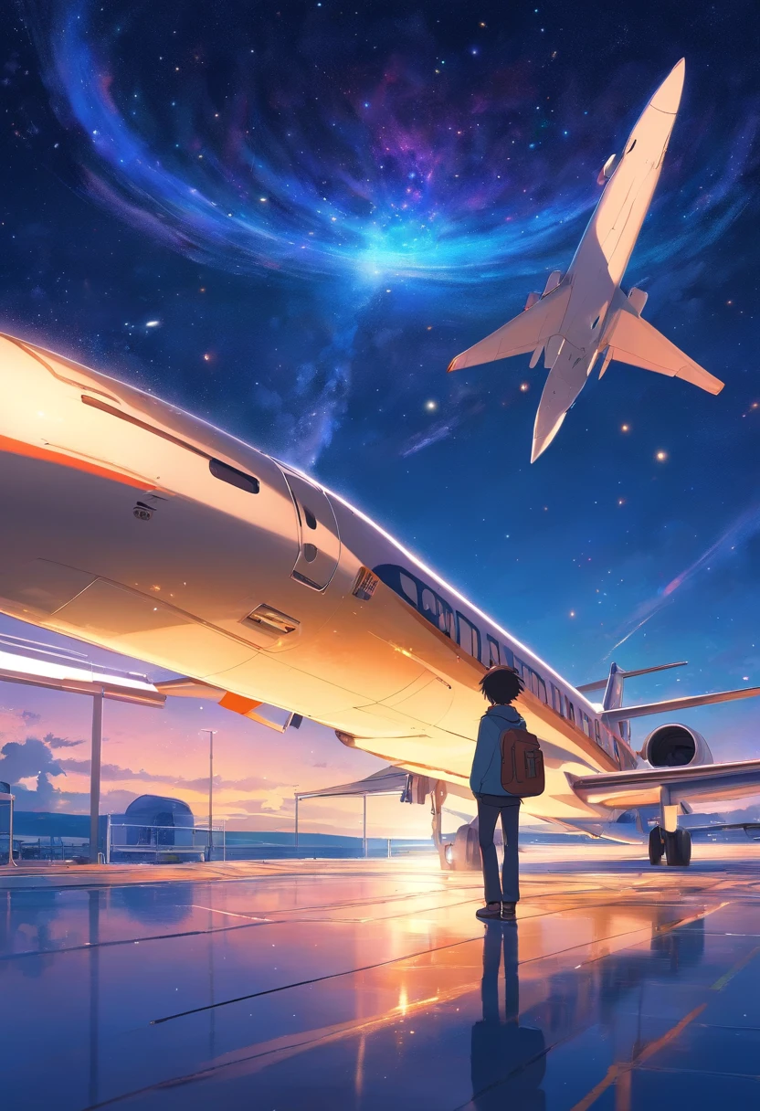A man stands on a cruising jet at night looking at the stars,Look up at the night sky,A meteor flew by,Beautiful,𝓡𝓸𝓶𝓪𝓷𝓽𝓲𝓬,High- sharpness,style of surrealism