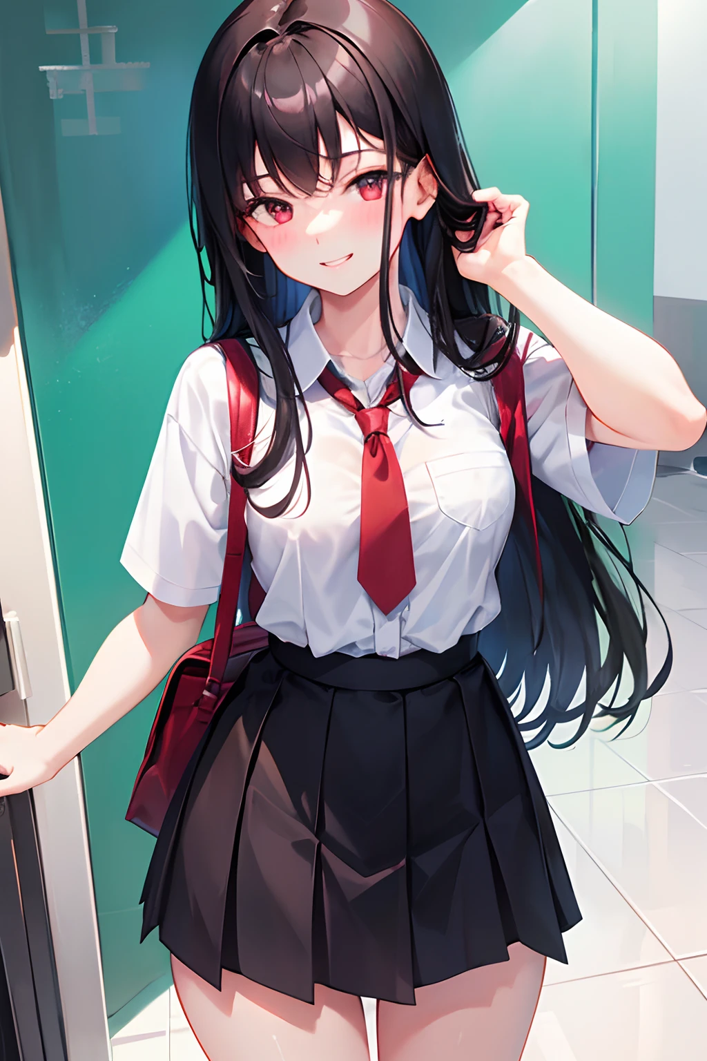 at school, girl, front, Long black hair, Black short skirt, bag, anger, Abusive, Very detailed, 4K((Toddler girl)) ((5 years old))((naked)) ((nsfw))Long Hair