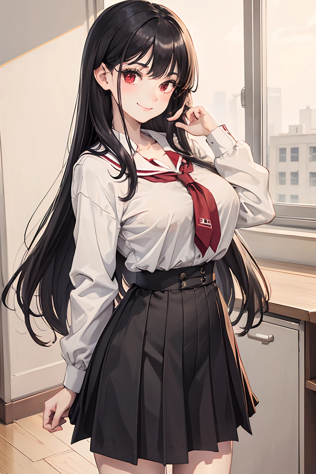 perfect anatomy, masterpiece:1.4, best quality, 8k, beautiful detailed grow, daydreaming expression, pov, looking up, (solo straight black hair long hair femdom cute girl, 17 yo, detailed red eyes, blushing face, sexy glossy mouth, bigboobs), in a red school blazer, skirt, in the enchanted room.