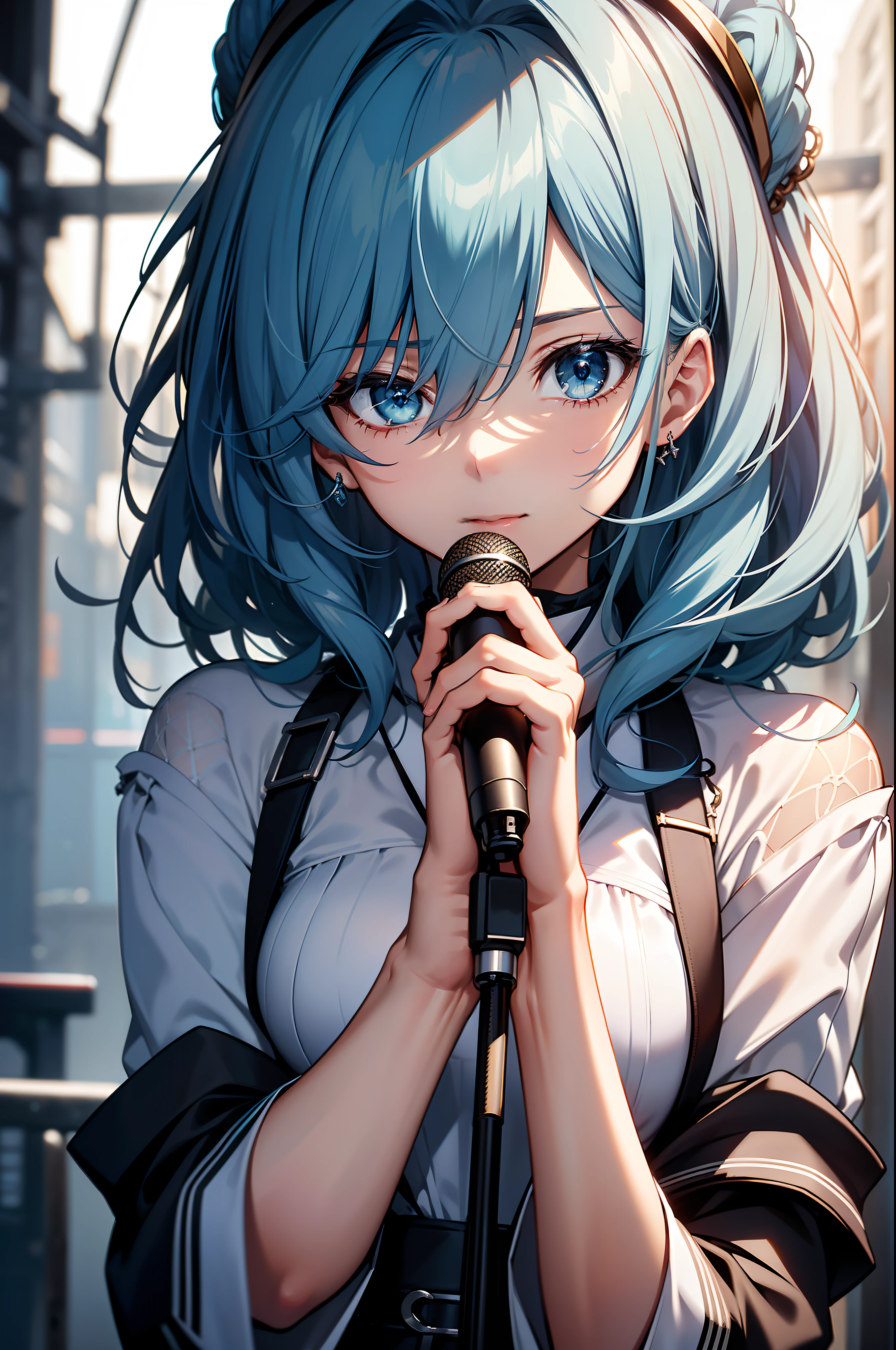 Random posture、mix4、(8K、RAW Photos、top-quality、masterpiece:1.2)、holding the mic、Inner mesh, with blue hair, , Japan band gal style, beautiful blue haired girl, flowing blue hair, rich blue colors, Sing hard、(Background Live House)One girl、profetional lighting、(masterpiece)、(Elaborate CG)top quality photo, hight resolution, 1080p, (Clear face), (Detailed face description), (Detailed hand description)、(masterpiece)、(Elaborate CG)、extreme light and shadows、dishevled hair、The work of the master、abundant detail、(Fine facial features)、(top quality photo)、(masterpiece)、(A detailed eye)、Look in front of you、Sing hard in front of your eyes