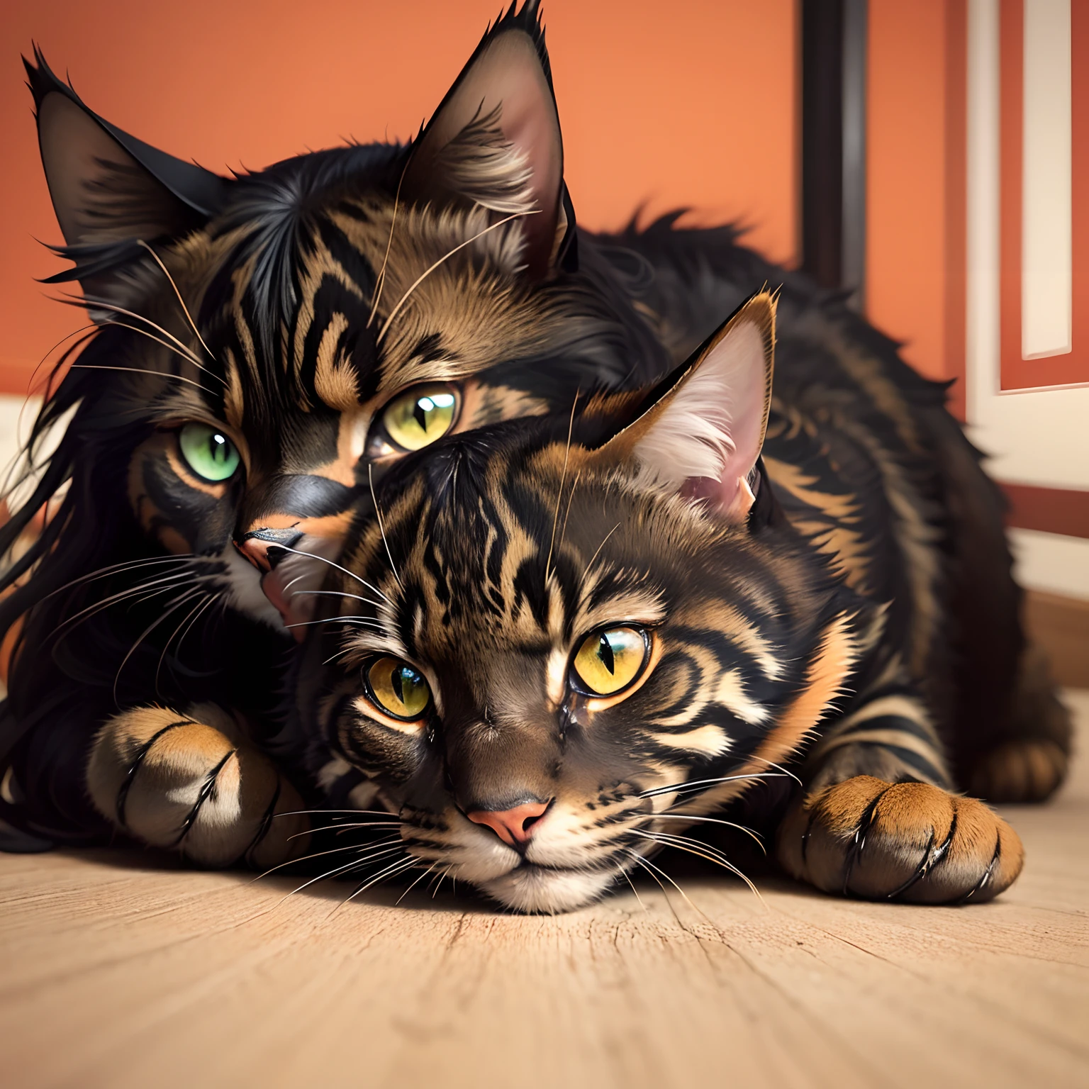 a black and red, mackerel tortoiseshell-tabby she-cat, with long fur, and green eyes.
