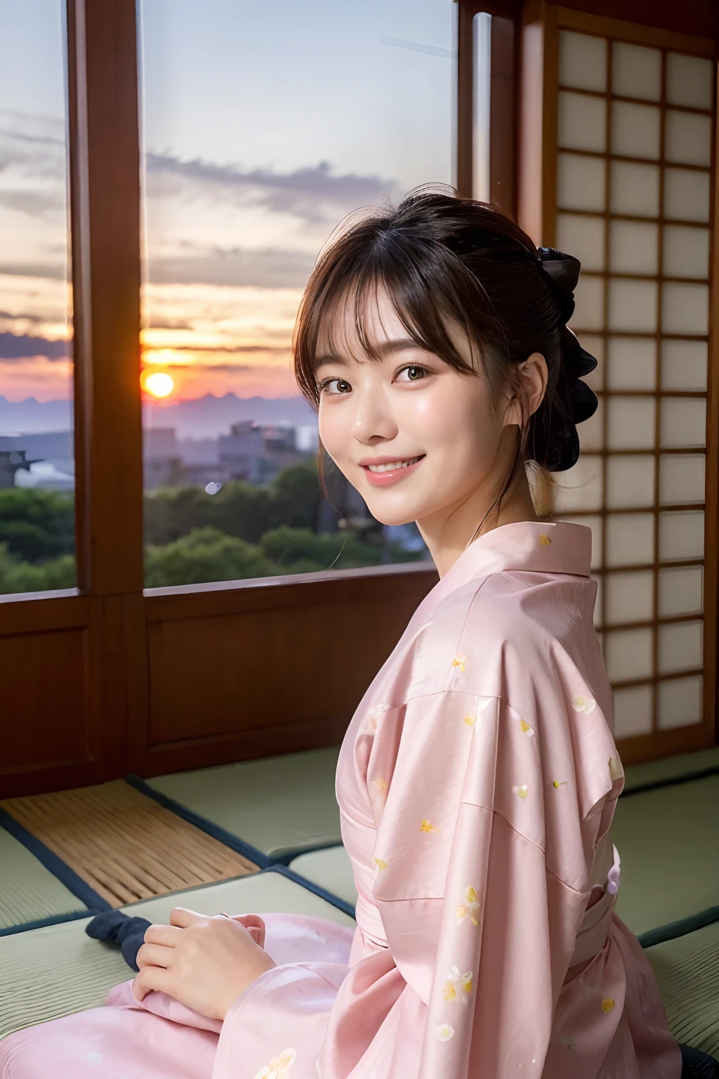 (natta:1.7), East Asian Architecture, 1womanl,Sitting on tatami mats, brunette color hair，（hair between eye）, Lip flap, ,Beautiful fingers,Beautiful long legs,Beauty Body，Cute nose，Beautiful character design，perfect  eyes，face perfect，looking at viewert，（Innocent_Big_Eyes：1.0），（light_Smile：0.3），offcial art，Very detailed CG Unity 8K wallpaper，Perfect litthing，highly colorful，Bright_front_Face_Lighting，（tmasterpiece:1.0),(best_quality:1.0), 超A high resolution, nffsw, hight resolution, absurderes:1.2, Kodak Portra 400, film grains, the background is blurred, Bokeh:1.2, Lens Flare Glow, ( Vibrant_Color:1.2) (Beautiful,Large_breasts:1.4), (Beautiful_Face:1.5),(narrow_waist-up),8K,Raw photo, 、Relax at a ryokan in Japan、The background is the open-air bath at night at a hot spring inn (Girls are not subjects:1.3) (Hair after a bath:1.3),(Hair is wet:1.3) ((Girls are not subjects:1.2)),(((Yukata does not need gloss at all:1.5))),((No need for a Korean yukata or Korean-style hairstyle.:1.5)),((Faithfully and realistically reproduce a pure Japan yukata:1.5))((Light Pink Band:1.3)),((The background is the entrance living room、At night, Overlooking the inn's large and beautiful gardens..:1.3)),((8th class))、((Light Pink Band:1.5)) ((Beautiful straight semi-long:1.5)) sixteen years old、((Beautiful straight semi-long:1.5))((Pink Band))、((The color of the yukata is pink:1.3),(Faithfully and realistically reproduce the obi of a yukata:1.3) ((Faithfully and realistically reproduce a pure Japan yukata:1.5)),((Walking through the corridors of the inn at night:1.3))((Background width and depth:1.3)),Night Hostel　There are small lights and flowers in the hallway. (When you open a window, You can see beautiful autumn leaves outside.:1.3) sixteen years old、((Beautiful straight semi-long:1.5))((Window lattices must be large、Faithful and accurate reproduction of Japan windows:1.5))((When you open a window、You can watch a beautiful sunset.)) ((Faithfully reproduces the dark pink yukata obi:1.