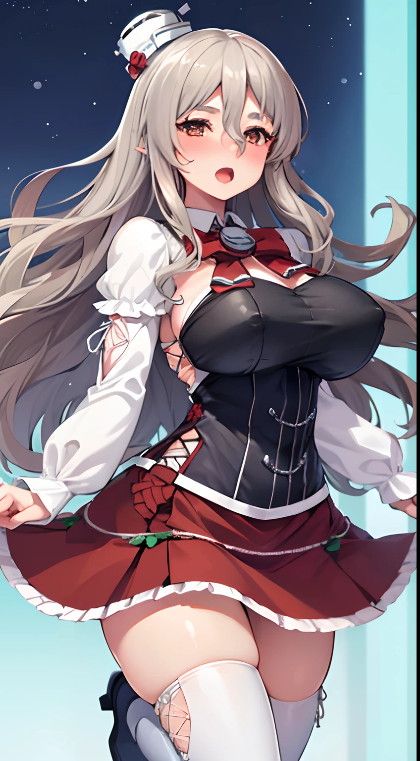 Open mouth, A MILF,Shiny body, Shiny skin, ,Large breasts ,Shiny skin,BTPT-FC,wide hips, (Long sleeves) Shirt, (white) Shirt, (white) corsets, frilld, Bodice, (Red) bowtie, (Red) Miniskirt, (white) thighs thighs thighs thighs, (Mini) hat, Inclined hat, long boots,night,hotel room