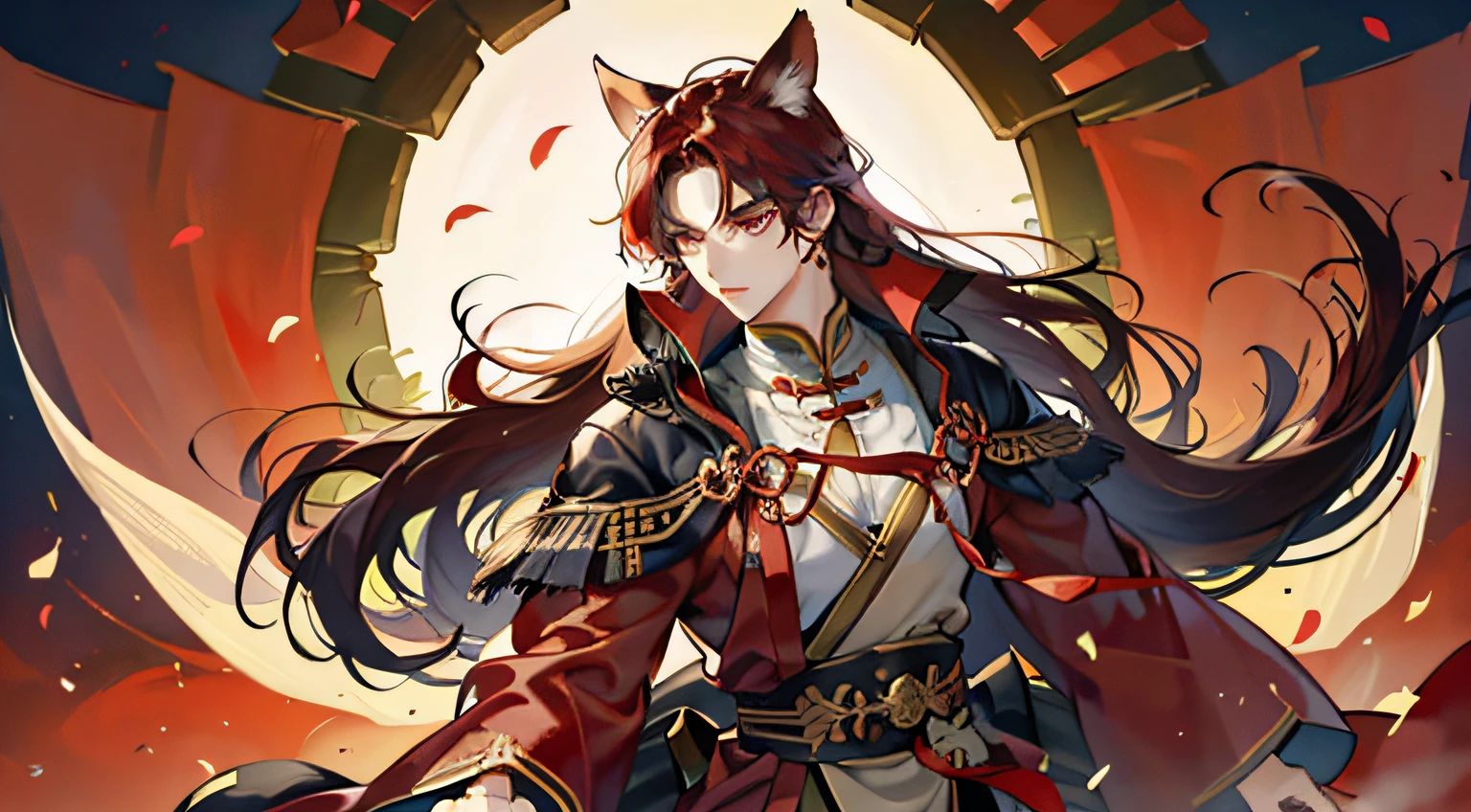 tmasterpiece，Need，A man，China-style，Chinese Ancient Times，whaite hair，dishiveredhair，long whitr hair，with long bangs，Handsome，virile，gentleness，large tall，A tranquil，Red robe，exteriors，cloaks，High hills，nevando， Young men，quaint，tmasterpiece，Need，Leprechaun，red fox，Animal ears，Handsome guy，brunette，Long hair，Hair is scattered，Dark Hanfu，Cool handsome，Beautuful Women