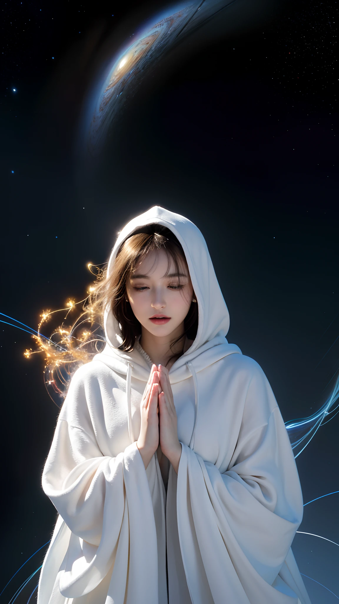 (masterpiece, top quality, best quality, official art, beautiful and aesthetic:1.2), (1girl), extreme detailed, (fractal art:1.3), colorful, highest detailed, perfect face, upper body, HDR, (praying:1.3), (white cloak golden lines:1.2), galaxy, (light streaks), striking visuals, (dynamic streaks, luminous trails:1.2), vibrant colors,