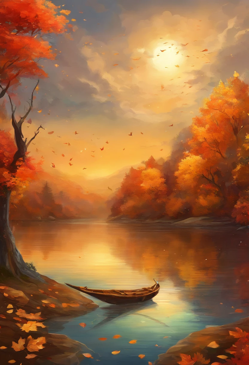 imagine prompt: coloured photo:
A sea of golden autumn leaves,Depict the world in shades of orange and yellow
The trees burn with bright hues,The leaves dance like twinkling flames in the sun
The ginkgo tree is draped in gold,Each leaf sparkles like a precious gemstone
Kaleidoscope of fallen leaves,Intertwined in red、Yellow and brown tapestry
Tranquil lakeside, with rippling water mirroring the colors of the sky
Mountains shrouded in mist in the distance,It's like an ethereal ink painting
Golden reeds at the water's edge,Complements the sparkling waters of the lake
Stars twinkle in the night sky,Like nature's delicate pearls
A gentle breeze,With the essence of autumn,Hinting at the coming coolness
The warmth of the campfire,Accompanied by a soothing chorus of insects
The poetic beauty of late autumn,Charming and inspiring
Photos that capture the charm of nature,Evokes inner peace and serenity