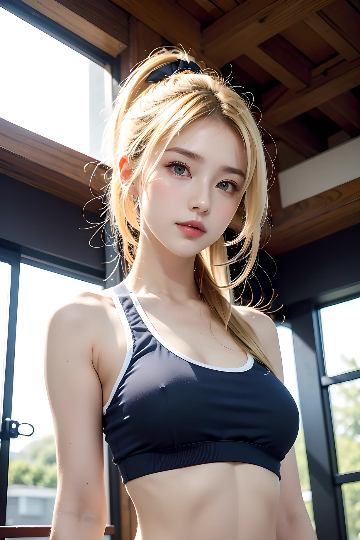 Beautiful illustration, top-quality, (cute Russian girl, white people:1.3), (((blonde hair:1.5))), (shiny-blonde ponytail hair:1.5, thin hair:1.3, side blaid:1.3, blue eyes, pale skin:1.1), (beautiful, 20 years old:1.5), slim, slender, (small-medium breasts), (gym athletics Uniform), gym in background, arms behind back, arms up on head, a navel、bare-legged、blue eyess、lovely thighs、glowing thigh, Blue-Mesh-Sports Bra, buruma, (looking straight at the viewer), (view viewer:1.3), (upper body:1.3), top angle,