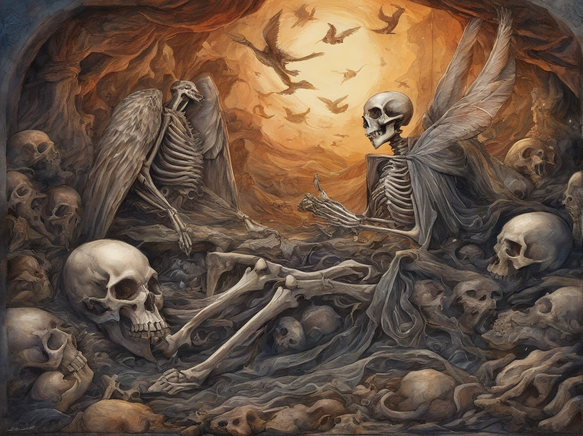 Skeleton King and Lucifer talk in a pile of corpses, fantasia, Complicado, elegante, altamente detalhado, Centrado, simetria, Pintura, Complicado, voluminetric lighting, Beautiful, Uma obra-prima de cores ricas e profundas, foco nítido, ultra-detalhada, no estilo de Dan Mumford e Mark Simonetti, astrofotografia