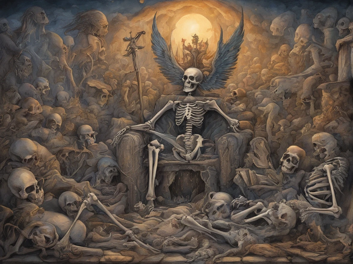 Skeleton King and Lucifer talk in a pile of corpses, fantasia, Complicado, elegante, altamente detalhado, Centrado, simetria, Pintura, Complicado, voluminetric lighting, Beautiful, Uma obra-prima de cores ricas e profundas, foco nítido, ultra-detalhada, no estilo de Dan Mumford e Mark Simonetti, astrofotografia