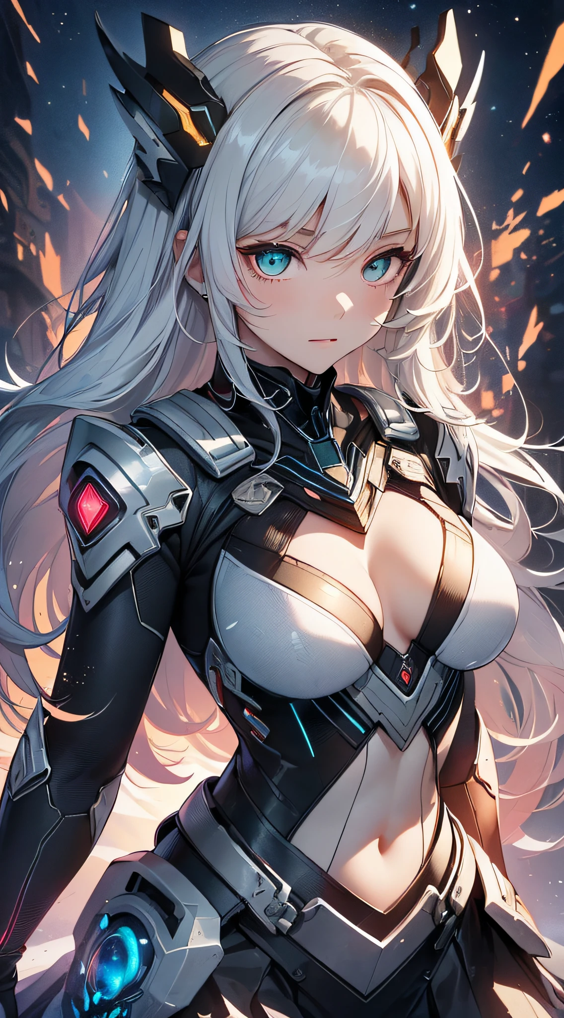 top-quality、Top image quality、masterpiece、Android Girl((、 A black,And a cybersuit that glows red and white、Blue energy source for the chest,Best Bust、Bust 90、gold and silver hair、Longhaire,Cyber Skirt、Blue-green eyes、open chest wide、Valley、Happiness、A slender、Mysterious face、Drifting in the air,Particles of light、Sharp claw arm,battered body、mid air、Hold out your hands、Glowing eyes、splatters))hiquality、Beautiful Art、Background with((mistic、Fantastic Universe))、masutepiece、Elaborate design、visualart、Theatrical films