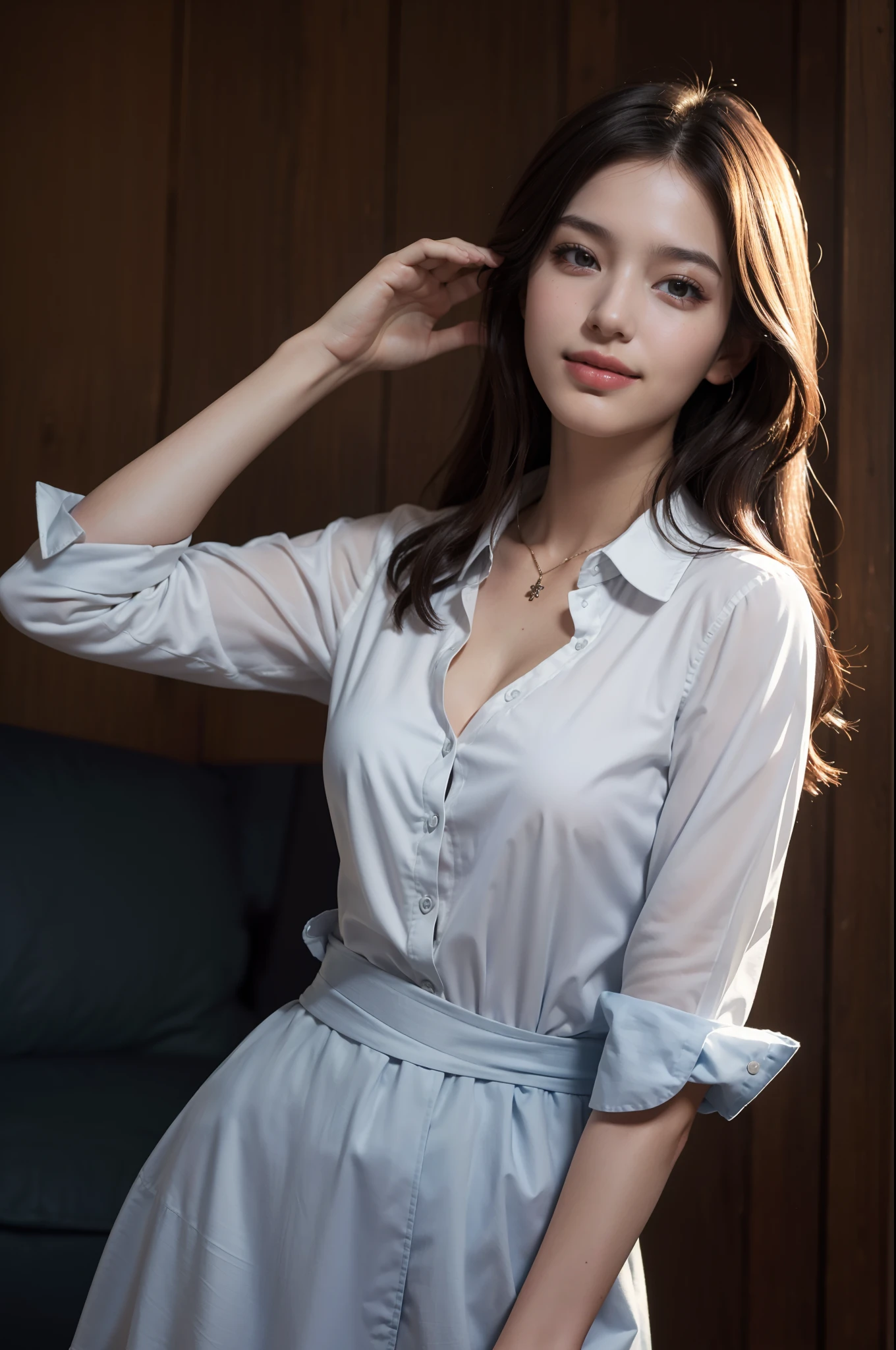 best quality, masterpiece, (photorealistic:1.4), 1girl, light smile, shirt with collars, waist up, dramatic lighting, from below