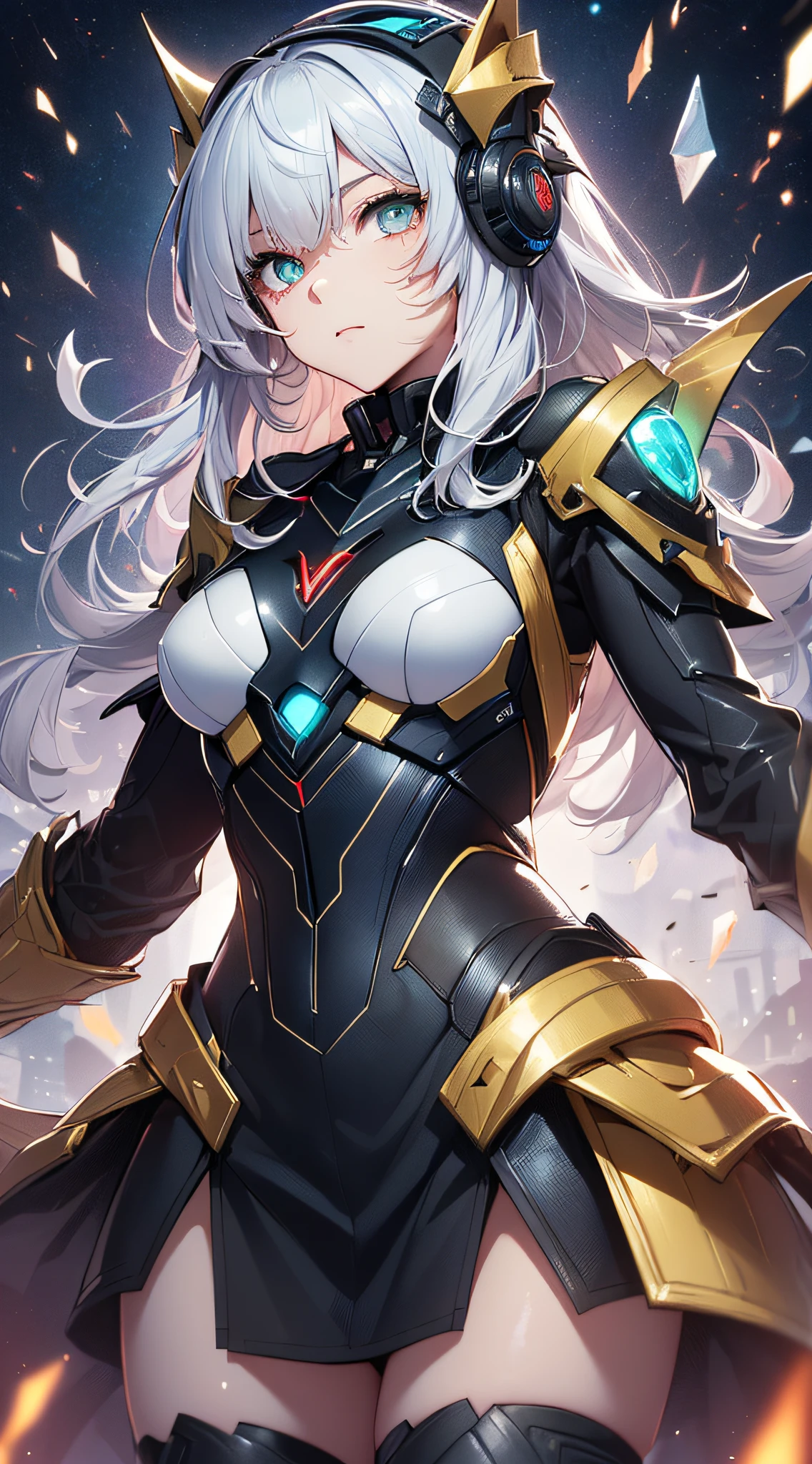 top-quality、Top image quality、masterpiece、Android Girl((、 A black,And a cybersuit that glows red and white、Blue energy source for the chest,Best Bust、Bust 90、gold and silver hair、Longhaire,Cyber Skirt、Blue-green eyes、open chest wide、Valley、Happiness、A slender、Mysterious face、Drifting in the air,Particles of light、Sharp claw arm,battered body、mid air、Hold out your hands、Glowing eyes、splatters))hiquality、Beautiful Art、Background with((mistic、Fantastic Universe))、masutepiece、Elaborate design、visualart、Theatrical films