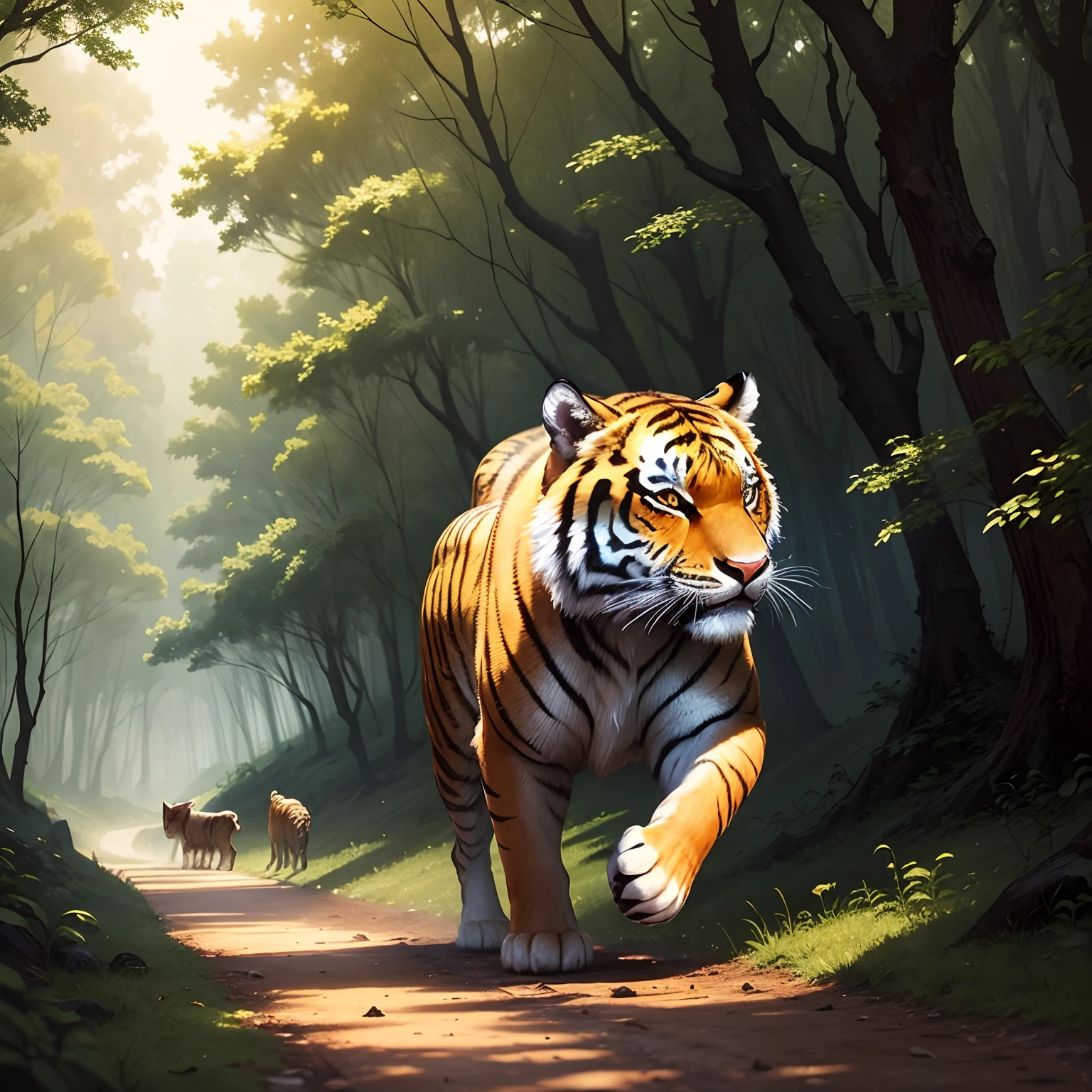 In the forest;Shepherds are watching;A tiger is chasing a goat