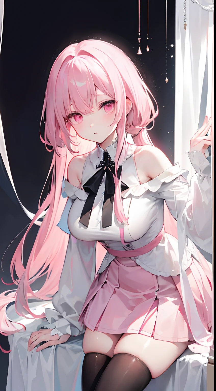 Long pale pink hair scattered,,Hair curtains,Two hair curtains on both sides,dual horsetail,Microvolumes,White off-the-shoulder short sleeves,The black thin jacket is half off to the shoulders,Big breasts pink eyes,,short skirt,black lence stockings,His face was slightly red,expressiveless,The angle of inclination,