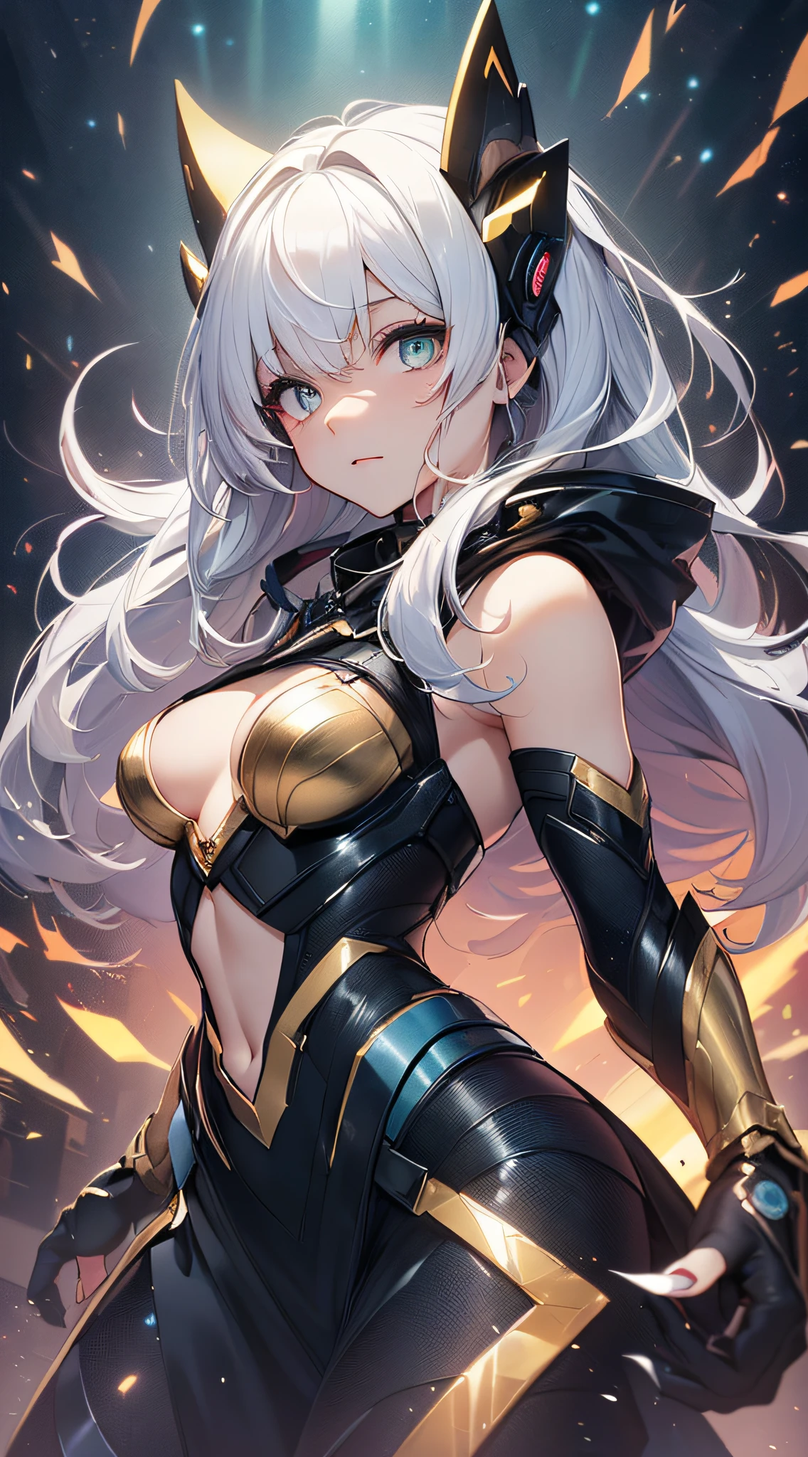 top-quality、Top image quality、​masterpiece、Android Girl((sixteen years old、 A black,And a cybersuit that glows red and white、Blue energy source for the chest,Best Bust、Bust 90、gold and silver hair、Longhaire,Cyber Skirt、Blue-green eyes、open chest wide、Valley、Happiness、A slender、Mysterious face、Drifting in the air,Particles of light、Sharp claw arm,battered body、mid air、Hold out your hands、Glowing eyes、splatters)）hiquality、Beautiful Art、Background with((mistic、Fantastic Universe))、masutepiece、Elaborate design、visualart、Theatrical films