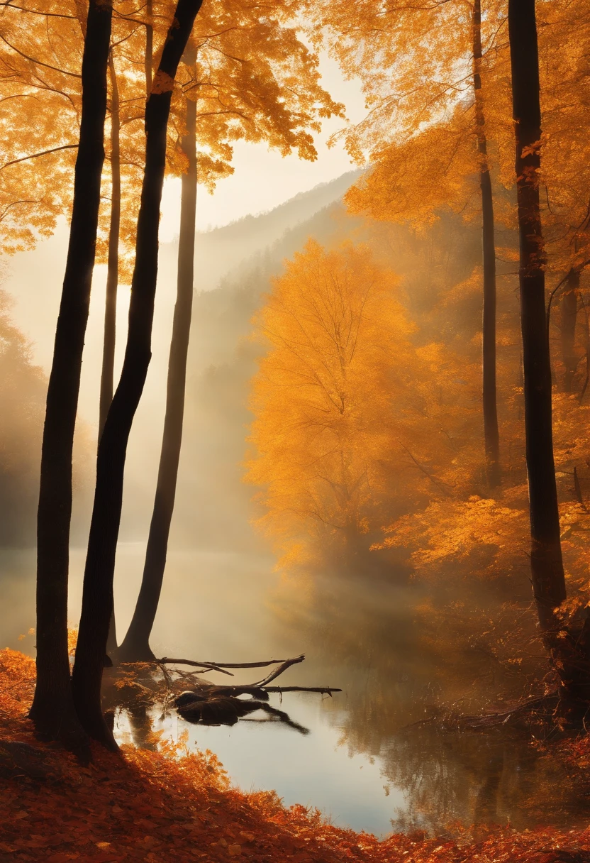 /imagine prompt: Color photo oolden sea of autumn foliage, painting the world in shades of orange and yellow
    Trees ablaze with vibrant hues, leaves dancing like flickering flames under the sunlight
    Ginkgo trees dressed in golden garments, each leaf shining like a precious jewel
    A kaleidoscope of fallen leaves, interwoven in a tapestry of red, yellow, and brown
    Tranquil lakeside, with rippling water mirroring the colors of the sky
    Mist-shrouded mountains in the distance, resembling an ethereal ink painting
    Golden reeds by the water's edge, harmonizing with the shimmering lake
    Stars twinkling in the night sky, like nature's delicate pearls
    Gentle breeze carrying the essence of autumn, hinting at the coolness to come
    Bonfire's warmth, accompanied by the soothing chorus of insects
    Deep autumn's poetic beauty, captivating and inspiring
    A photo that captures the enchantment of nature, evoking inner peace and serenity

—c 10 —ar 2:3