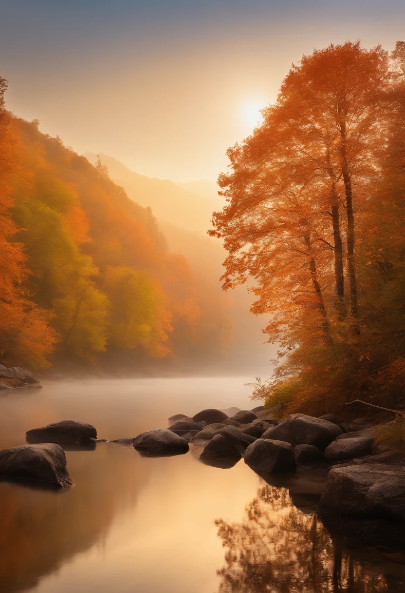/imagine prompt: Color photo oolden sea of autumn foliage, painting the world in shades of orange and yellow
Trees ablaze with vibrant hues, leaves dancing like flickering flames under the sunlight
Ginkgo trees dressed in golden garments, each leaf shining like a precious jewel
A kaleidoscope of fallen leaves, interwoven in a tapestry of red, yellow, and brown
Tranquil lakeside, with rippling water mirroring the colors of the sky
Mist-shrouded mountains in the distance, resembling an ethereal ink painting
Golden reeds by the water's edge, harmonizing with the shimmering lake
Stars twinkling in the night sky, like nature's delicate pearls
Gentle breeze carrying the essence of autumn, hinting at the coolness to come
Bonfire's warmth, accompanied by the soothing chorus of insects
Deep autumn's poetic beauty, captivating and inspiring
A photo that captures the enchantment of nature, evoking inner peace and serenity
—c 10 —ar 2:3