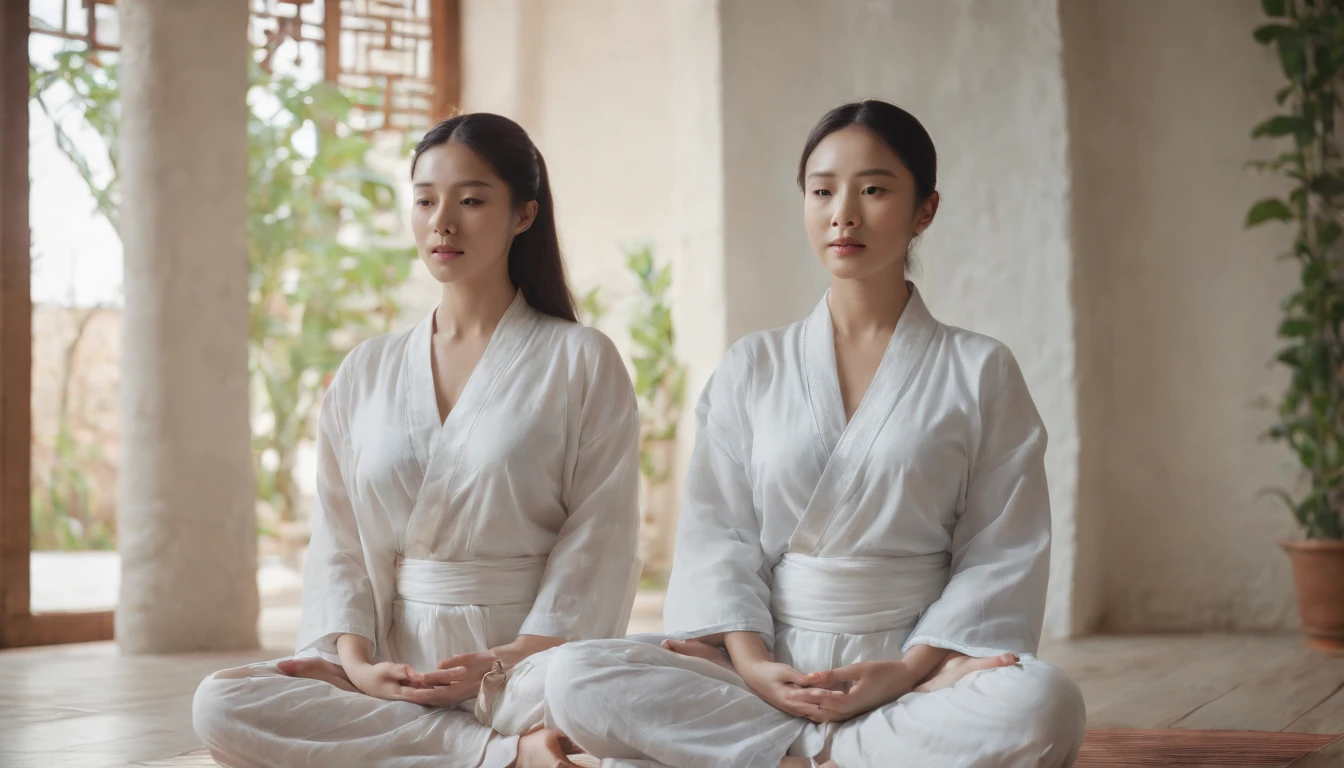 (Master Part:1.2),Best Quality,Phisif,daoist,(meditating:1.1), soio,Girl with big breasts in transparent pajamas ,Cross your legs and meditate， Sweating all over your body, cart，Transparent,realisitic